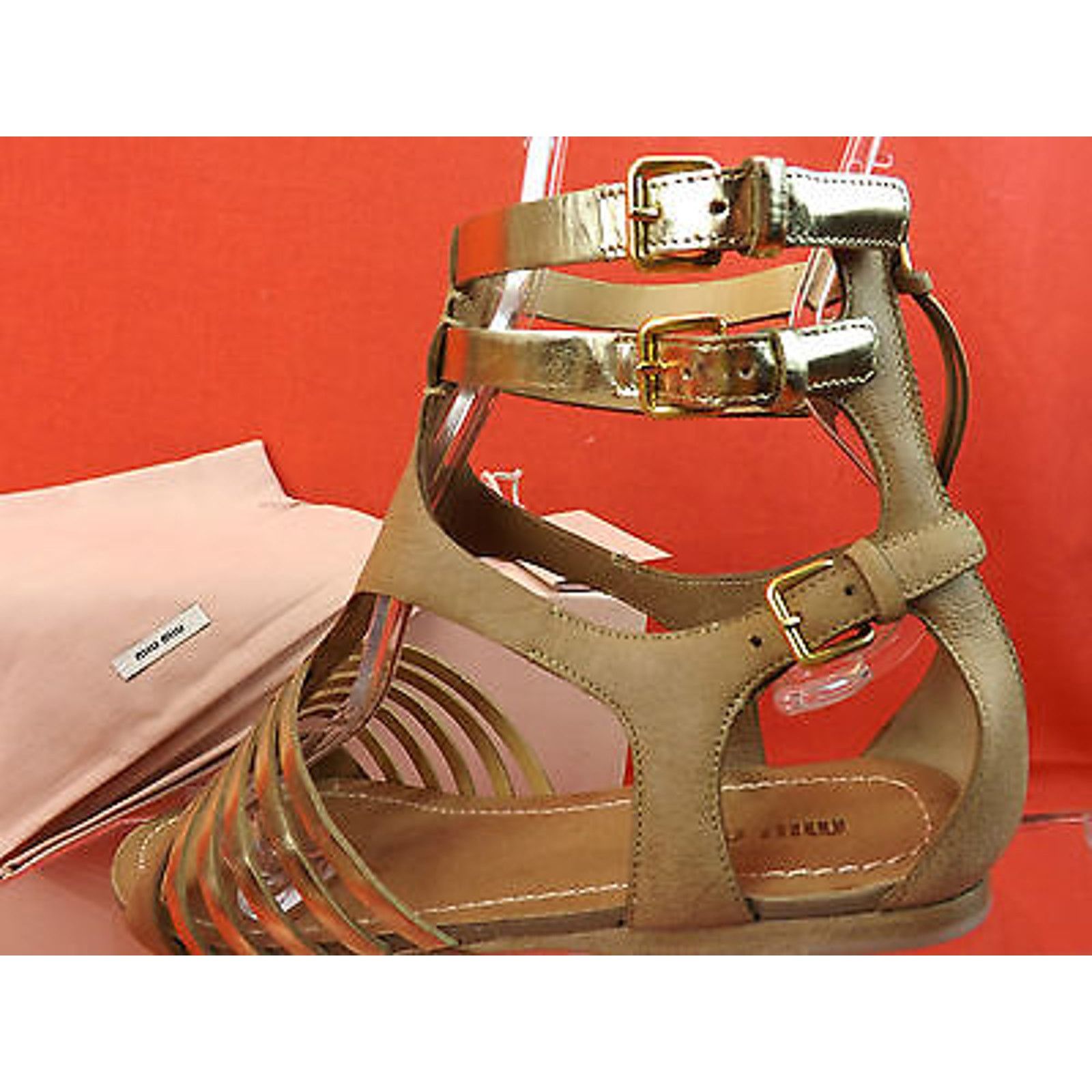 Miu Miu CAMEL GOLD LEATHER BACK ZIP GLADIATOR FLATS SANDALS 35.5 Size US 5.5 / IT 35.5 - 7 Thumbnail