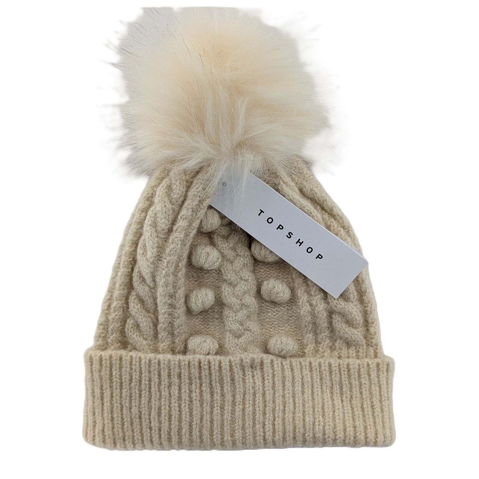 Topshop Cream Cable Knit Beanie Cuffed Pom Hat by Topshop Size ONE SIZE - 1 Thumbnail