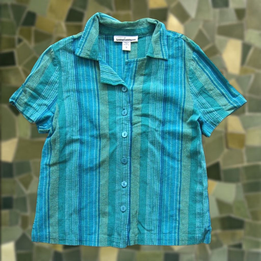 Vintage Serengeti Catalog.com 100% Cotton Green Blue Stripe Button Short Sleeve Blouse M Women's Shirt Blouse Green Stripe 90s Event 80s? Size M / US 6-8 / IT 42-44 - 1 Thumbnail