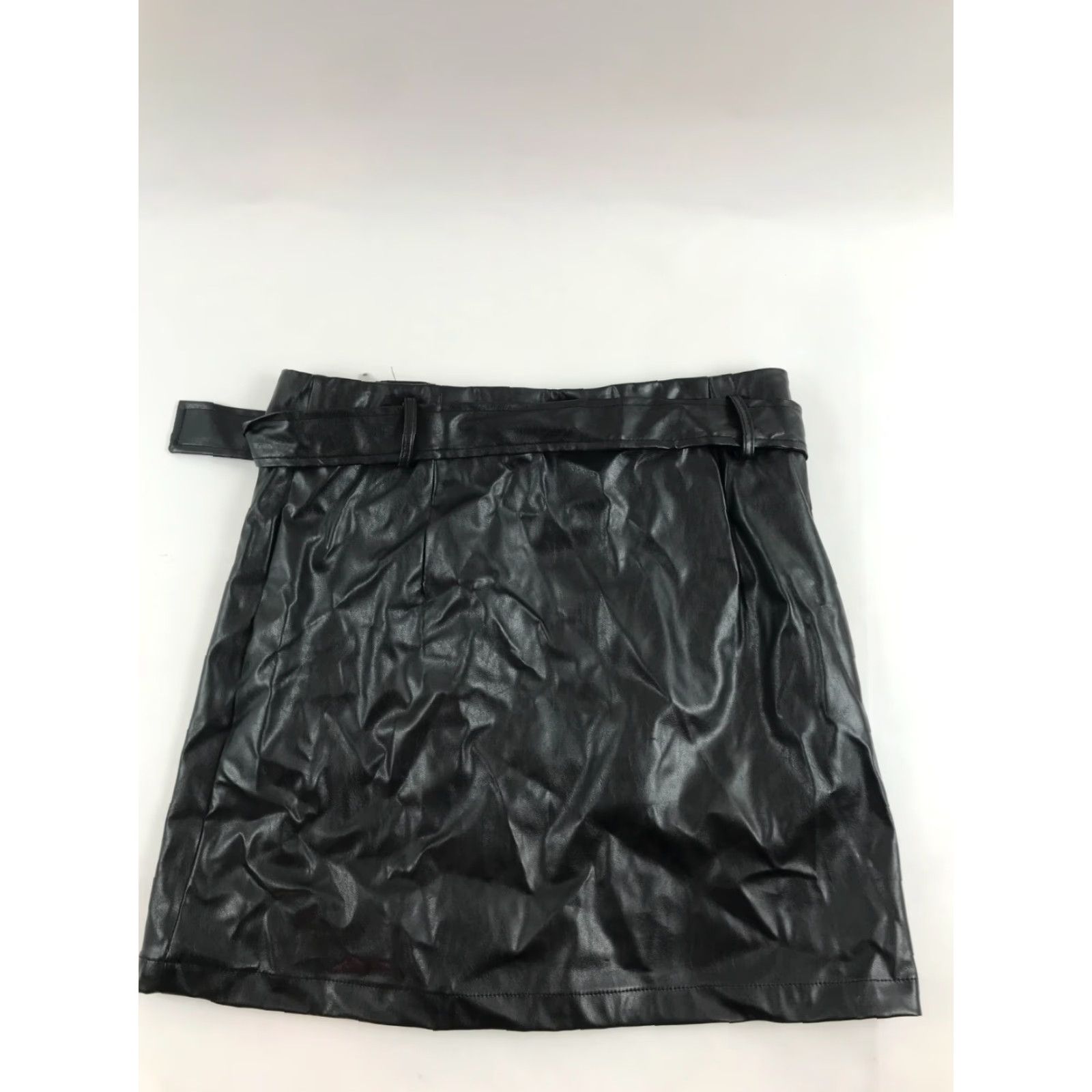 Shein SheIn Skirt Women L Black Faux Leather A-Line Zip Pockets Belted Size 36" / US 14 / IT 50 - 2 Thumbnail