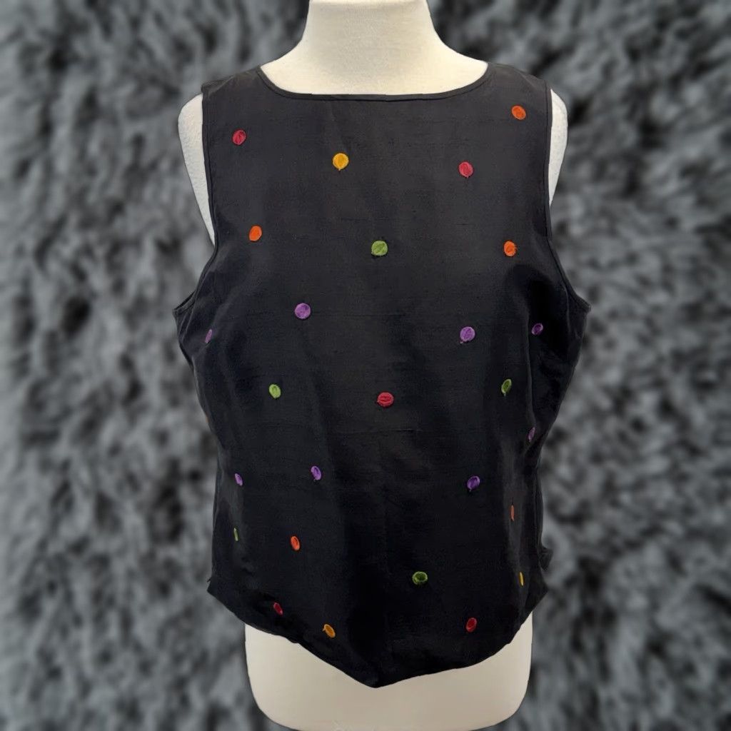 Vintage VINTAGE Robbie Bee Silk Blouse Top Women’s 16 Black Polka Dot Sleeveless Back Button Business Shirt Womens 16 Size XXL / US 16-18 / IT 52-54 - 1 Thumbnail