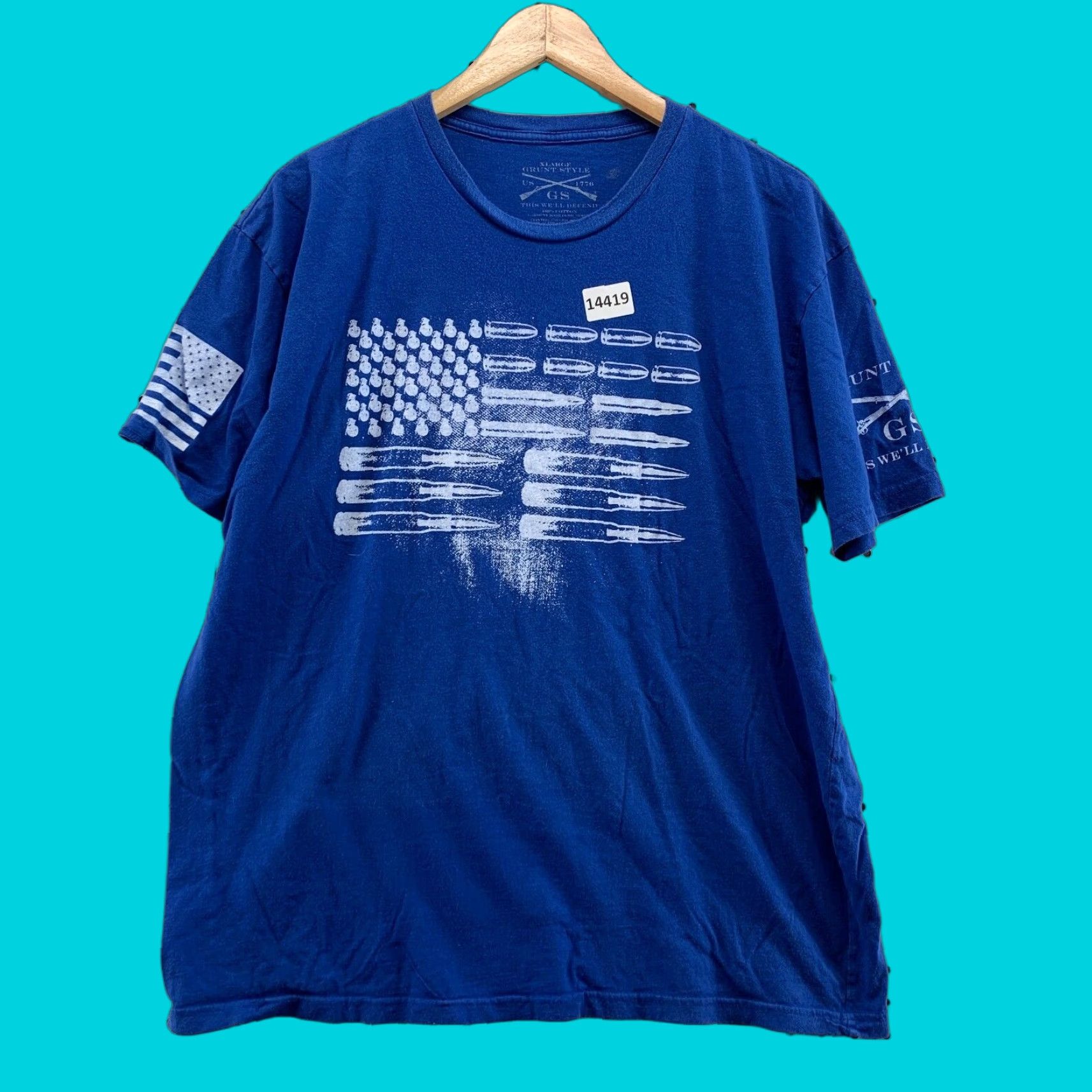Vintage Grunt Style Shirt Blue Bullet Flag Graphic Fits Adult Large Short Sleeve 23x28.5 Size US L / EU 52-54 / 3 - 1 Thumbnail
