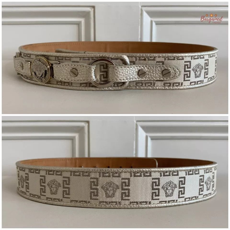 Versace Versace Metallic Leather Neutrals Nylon Medusa Insignia Belt Size 30 - 11 Thumbnail