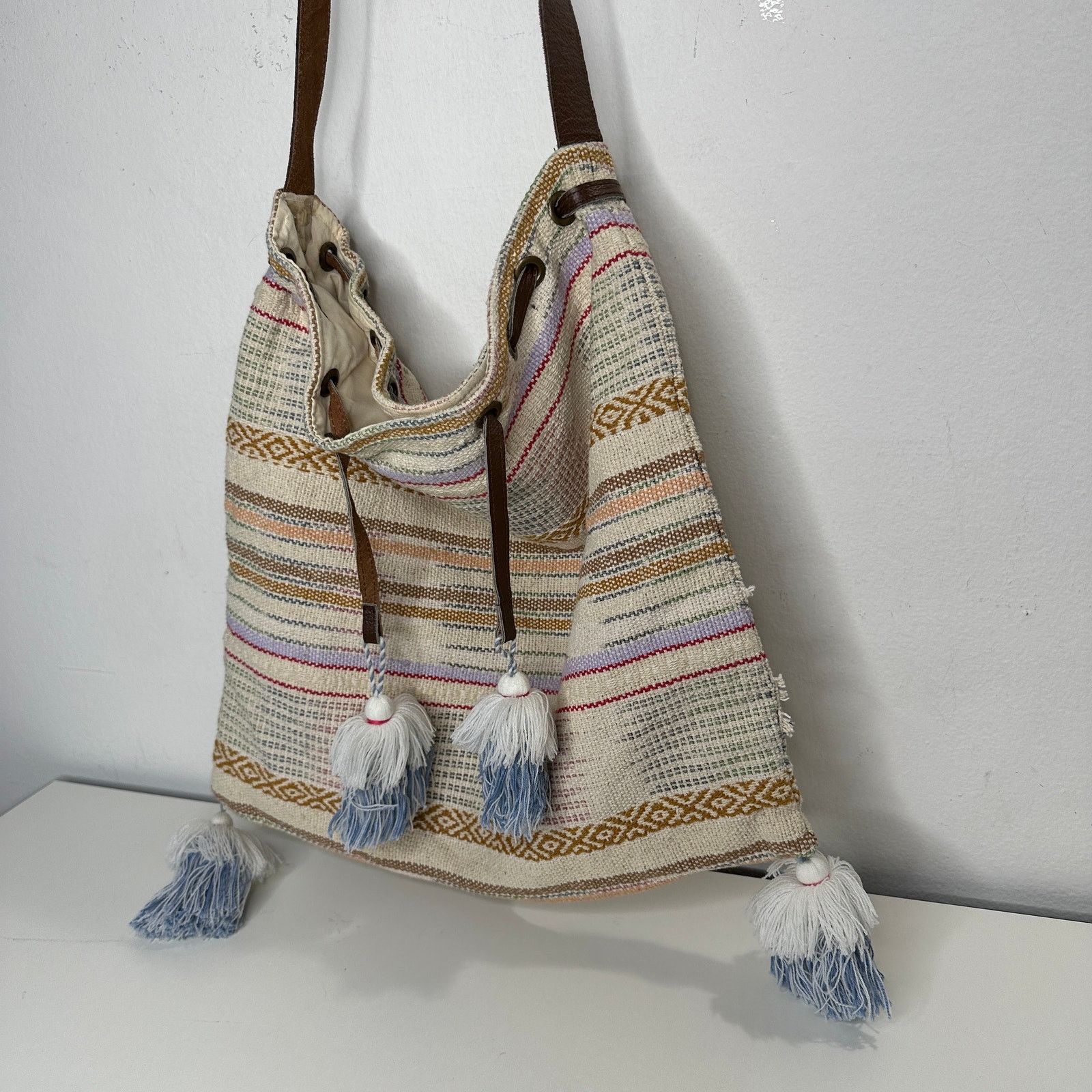 Other Lovestitch Tan Multicolor Striped Canvas Boho Bag Drawstring Size ONE SIZE - 2 Thumbnail