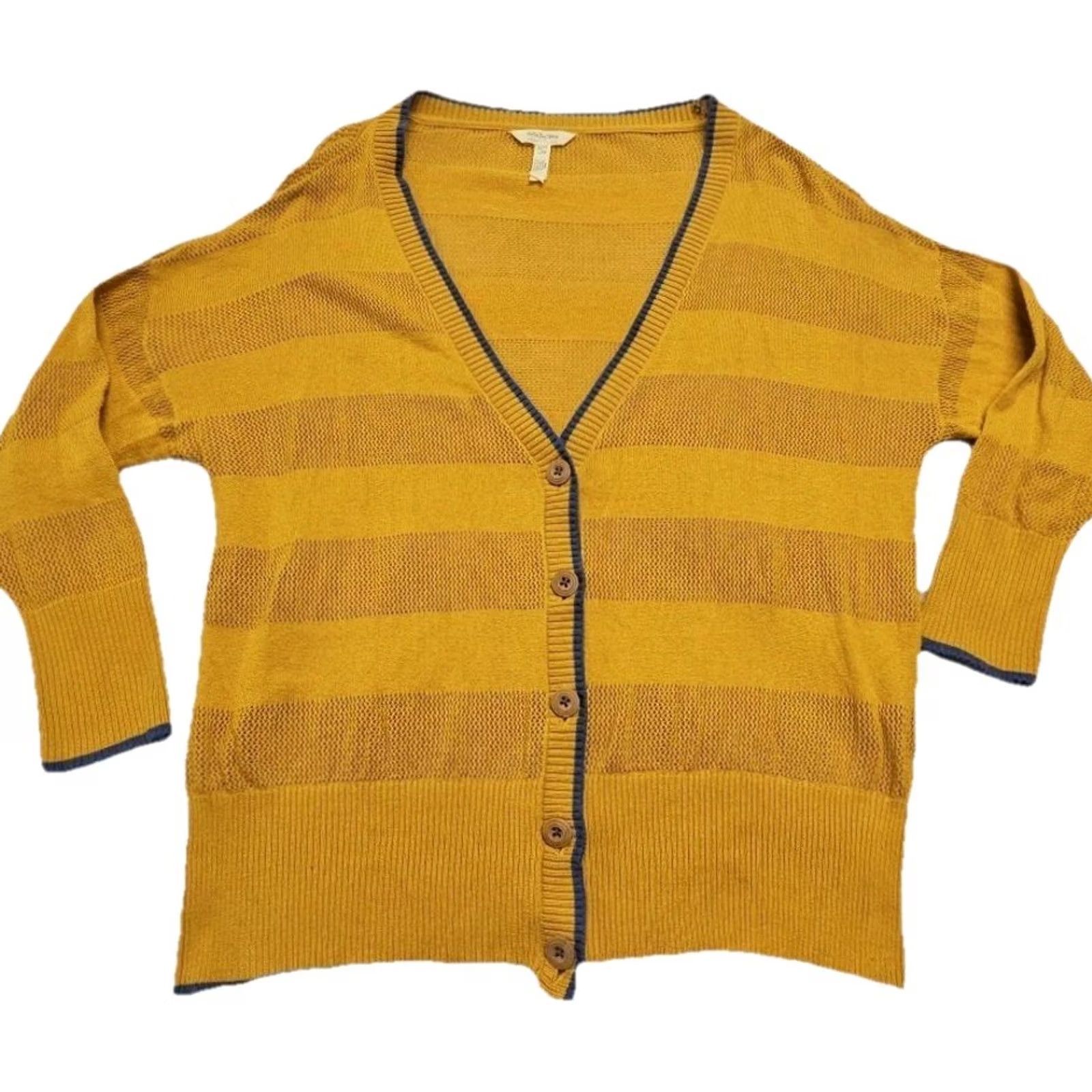 Vintage Matilda Jane Joanna Gaines Mustard Cardigan Womens Large Open Knit Cottagecore Cardigan V-Neck Striped Button Cotton Blend Yellow Knit Sweater Size L / US 10 / IT 46 - 2 Thumbnail