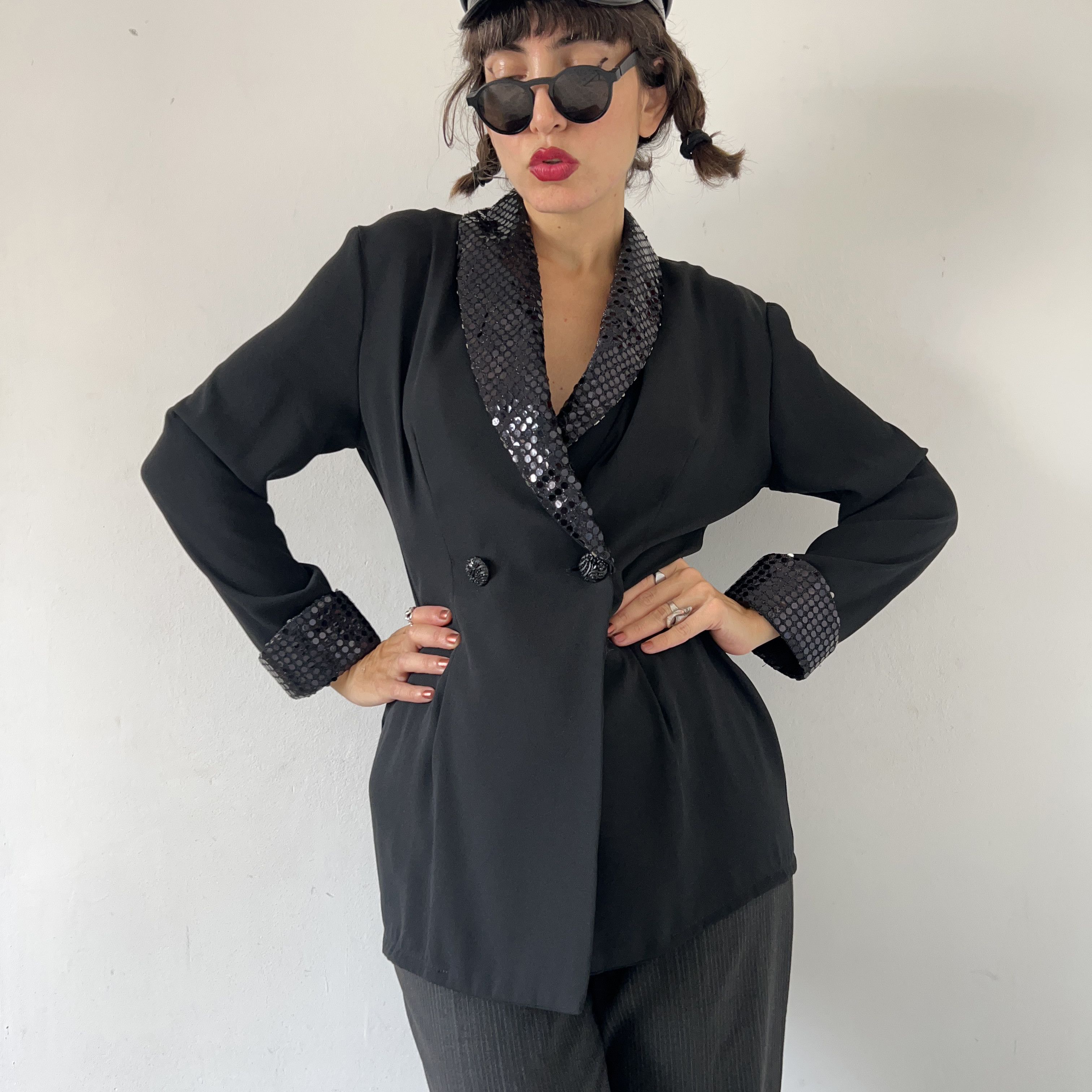 Vintage Vintage 80s Black Sequin Blazer Size XL / US 12-14 / IT 48-50 - 3 Thumbnail