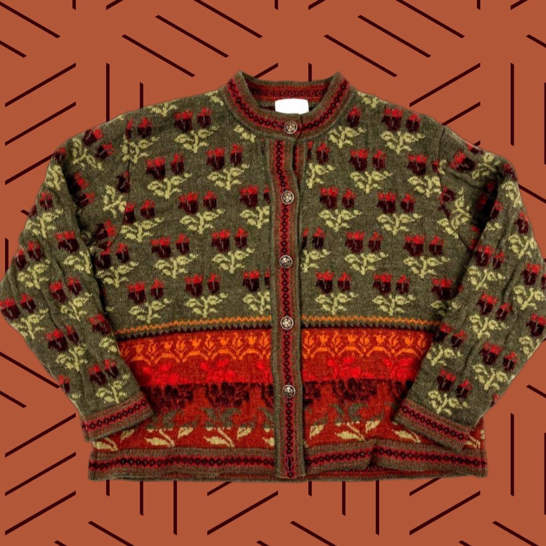 Vintage Cherry Lewis Cardigan Sweater Womens Large Wool Blend Floral Artsy Boho England Size L / US 10 / IT 46 - 1 Thumbnail