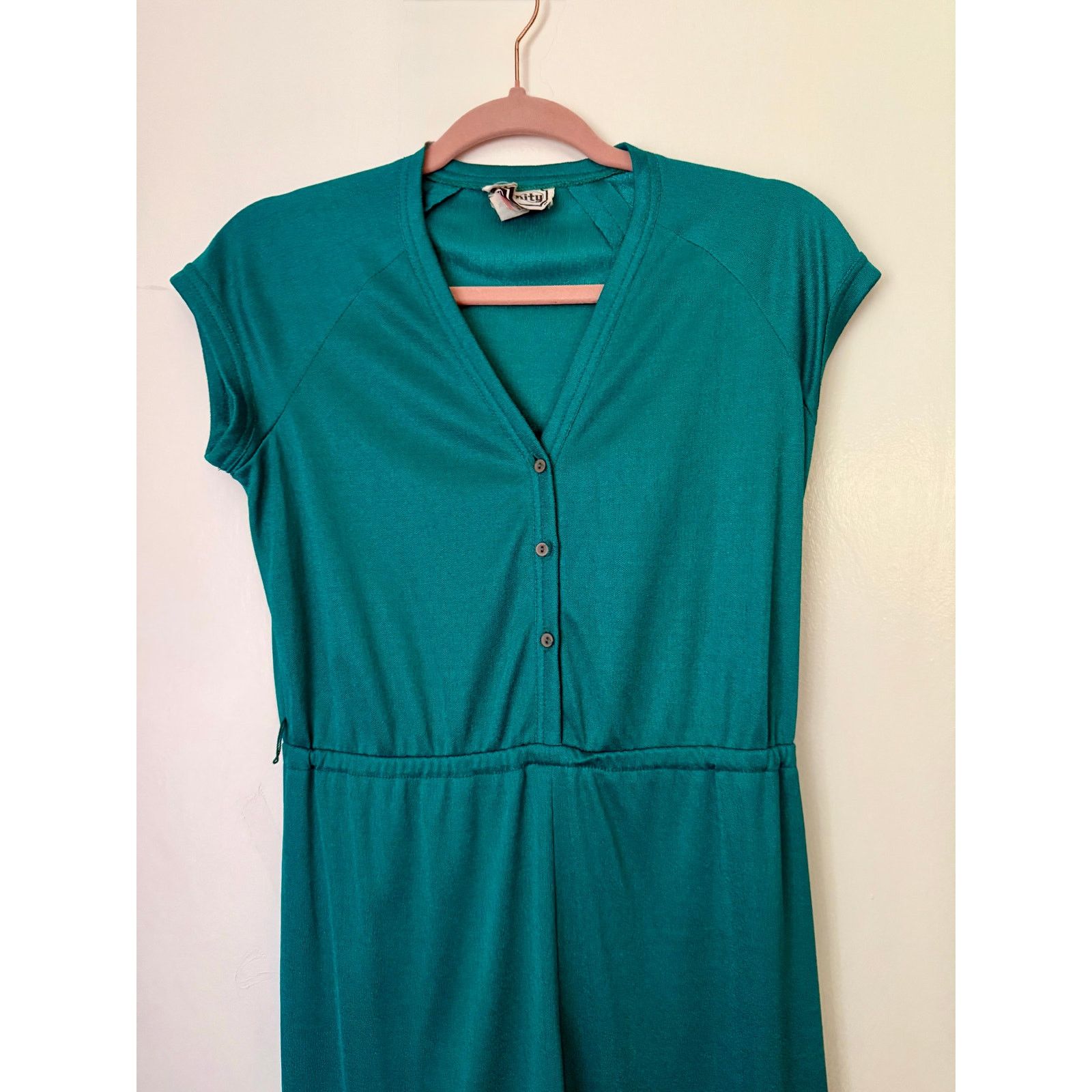 Vintage Vintage 70s Teal Green Jump Suit Med Large One Piece Disco Size 32" / US 10 / IT 46 - 5 Thumbnail