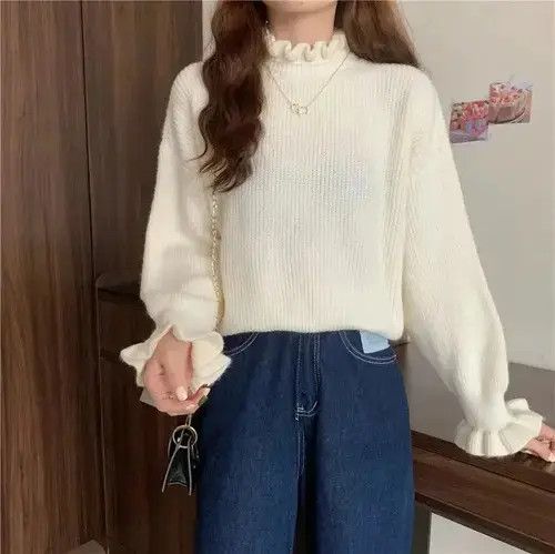 Japanese Brand × Vintage Women Ruffles Thicken Warm Sweater Mock Neck Size ONE SIZE - 1 Thumbnail