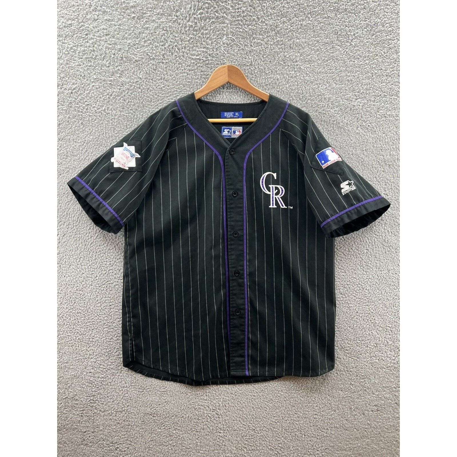 image of Starter Colorado Rockies Black Pinstripe Baseball Jersey, Men's (Size XL)