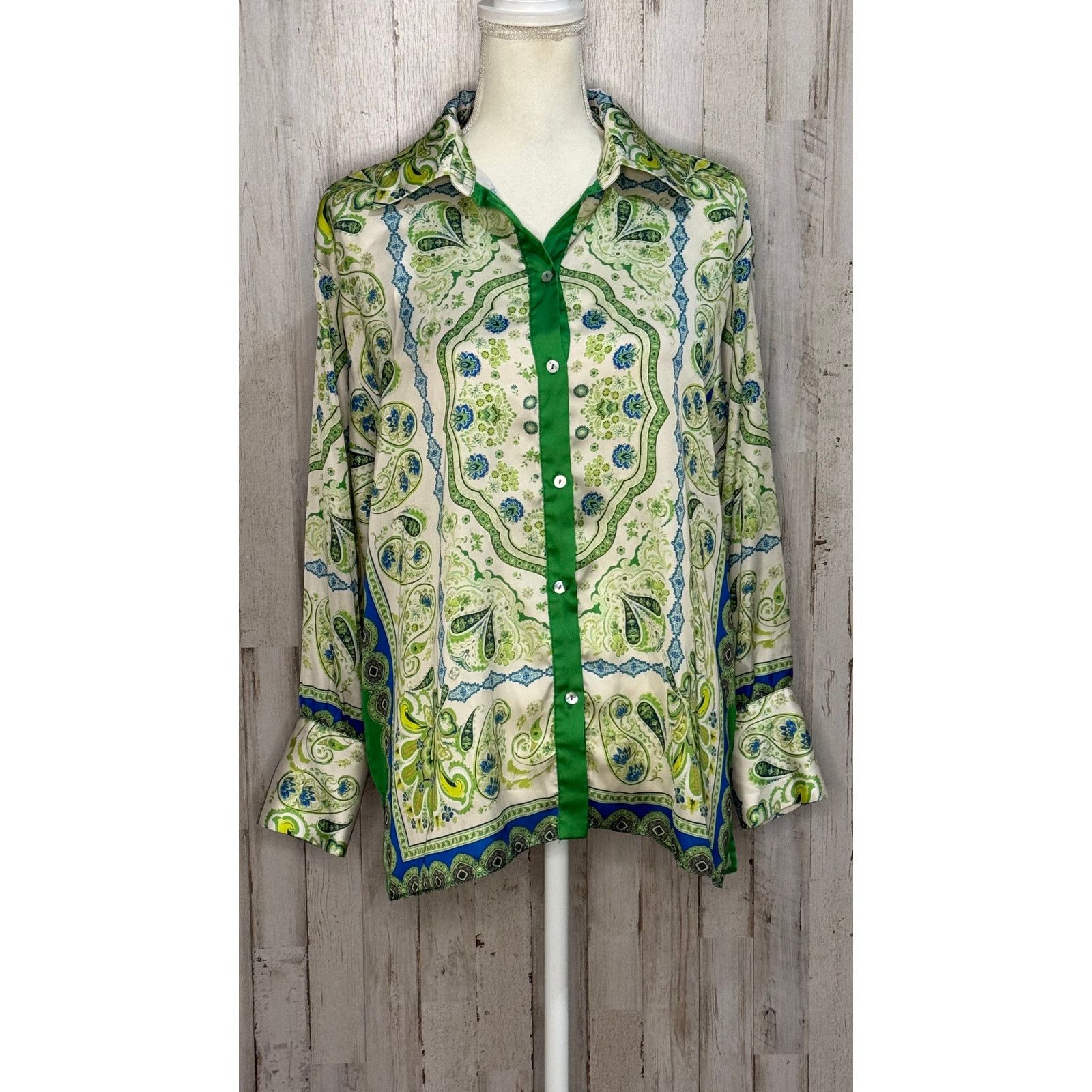 Zara Zara Women's Paisley Print Button-Up Blouse Green Blue Small Size S / US 4 / IT 40 - 2 Thumbnail