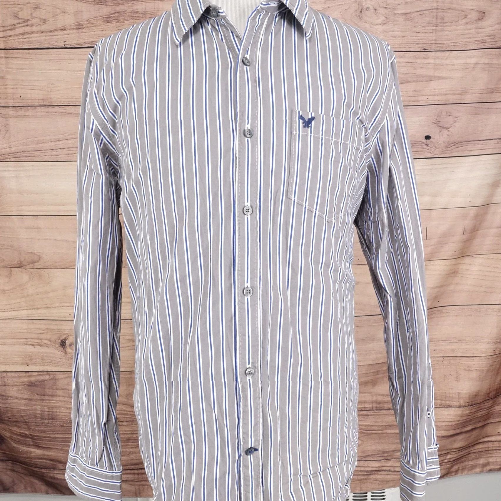American Eagle Outfitters VINTAGE American Eagle Outfitters Button-Up Shirt Mens 2XL Gray Striped Regular Fit Long Sleeve Size US XXL / EU 58 / 5 - 3 Thumbnail