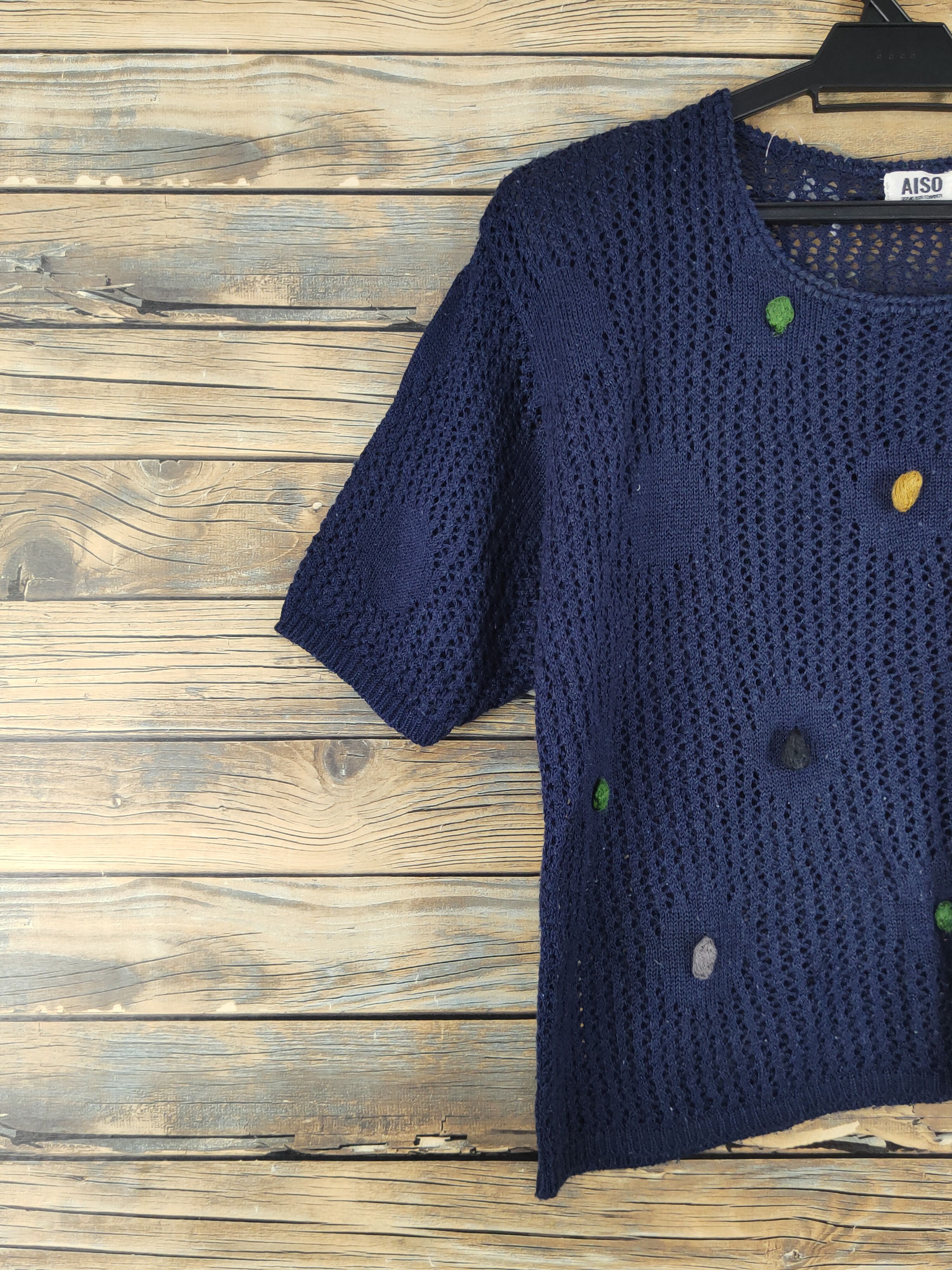 Aiso Navy MeshNet crochet Knitwear Short Sleeve #W1292