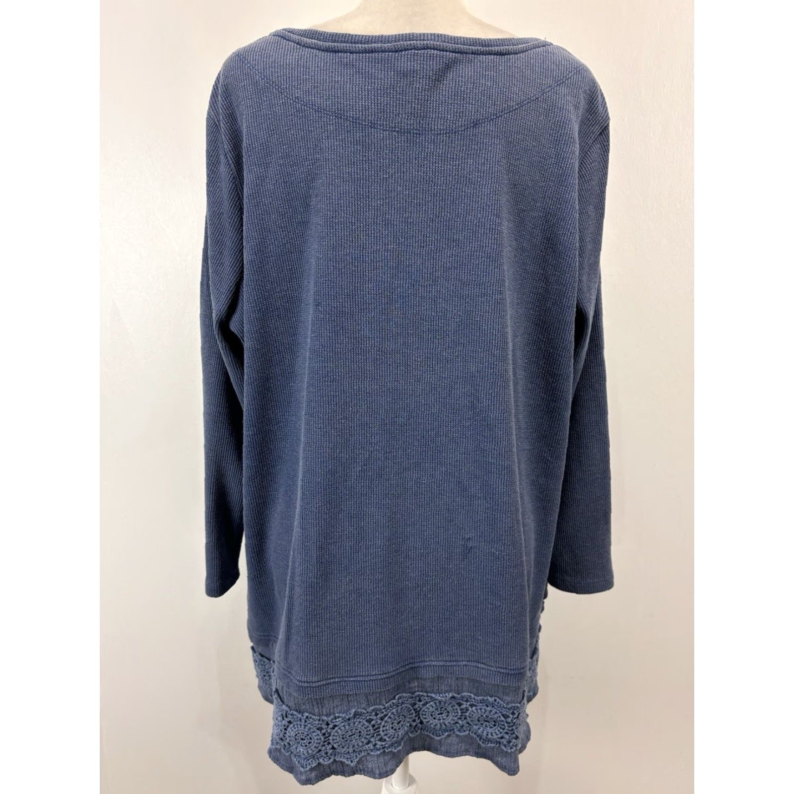 Vintage Ali Miles Waffle Knit Tunic Top Size XL Crochet Hem Detail Pullover Blue Size XL / US 12-14 / IT 48-50 - 3 Thumbnail