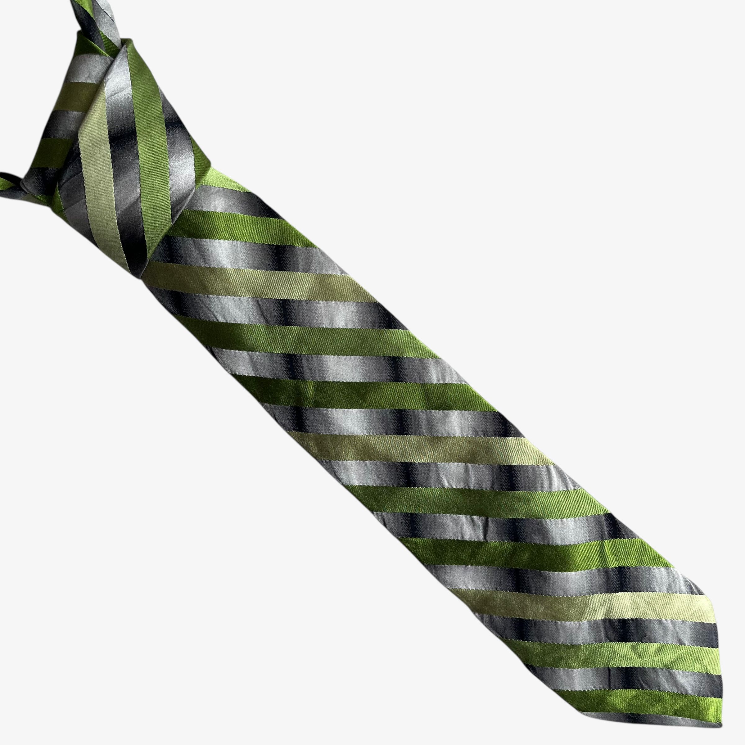Ted Baker Vintage Y2K Ted Baker Green & Grey Striped Silk Tie Size ONE SIZE - 1 Thumbnail