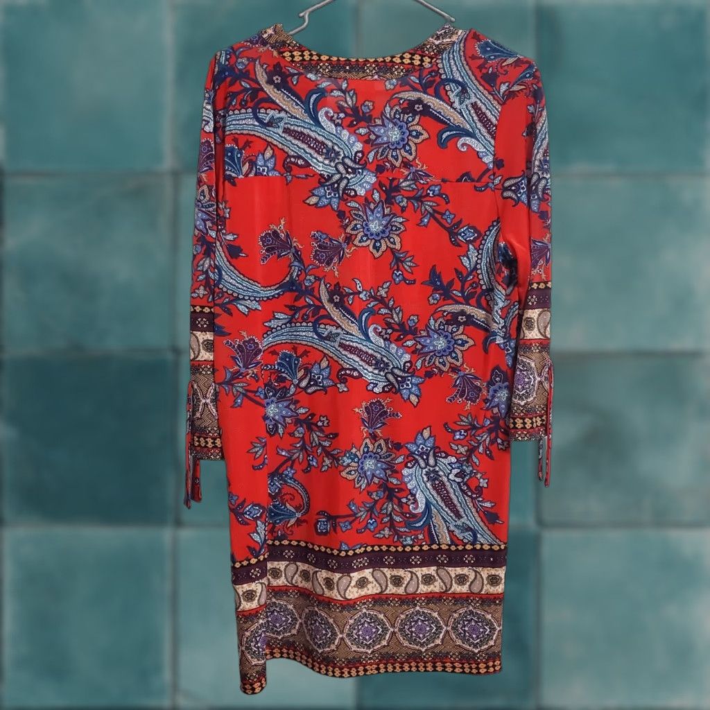 Vintage Fig and Flower Blouse Women L Red Floral Paisley Pleated V Neck Button Up Boho Tunic Red Boho Women's Shirt Size L / US 10 / IT 46 - 1 Thumbnail