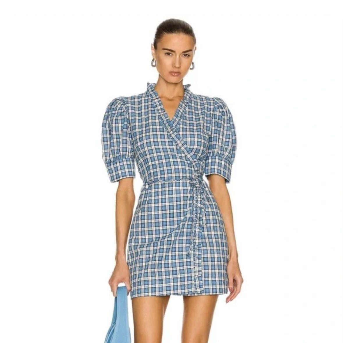 Ganni Ganni Seersucker Check Wrap Mini Dress in Azure Blue Size XS / US 0-2 / IT 36-38 - 2 Thumbnail