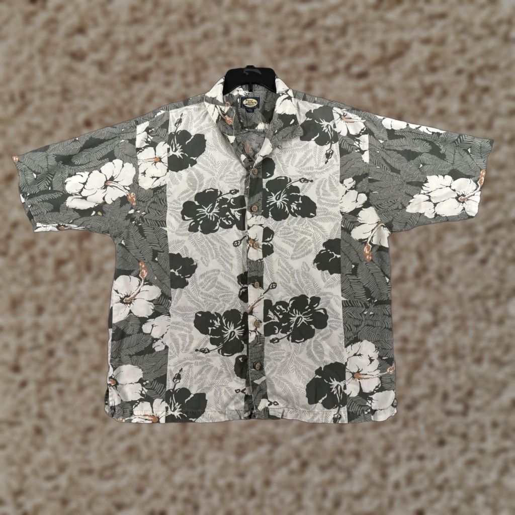 Tommy Bahama VINTAGE Tommy Bahama Shirt Men XL Gray Palm Hibiscus Rayon Hawaiian Button-Up Casual, Resort, Aloha Theme Mens Size US XL / EU 56 / 4 - 1 Thumbnail