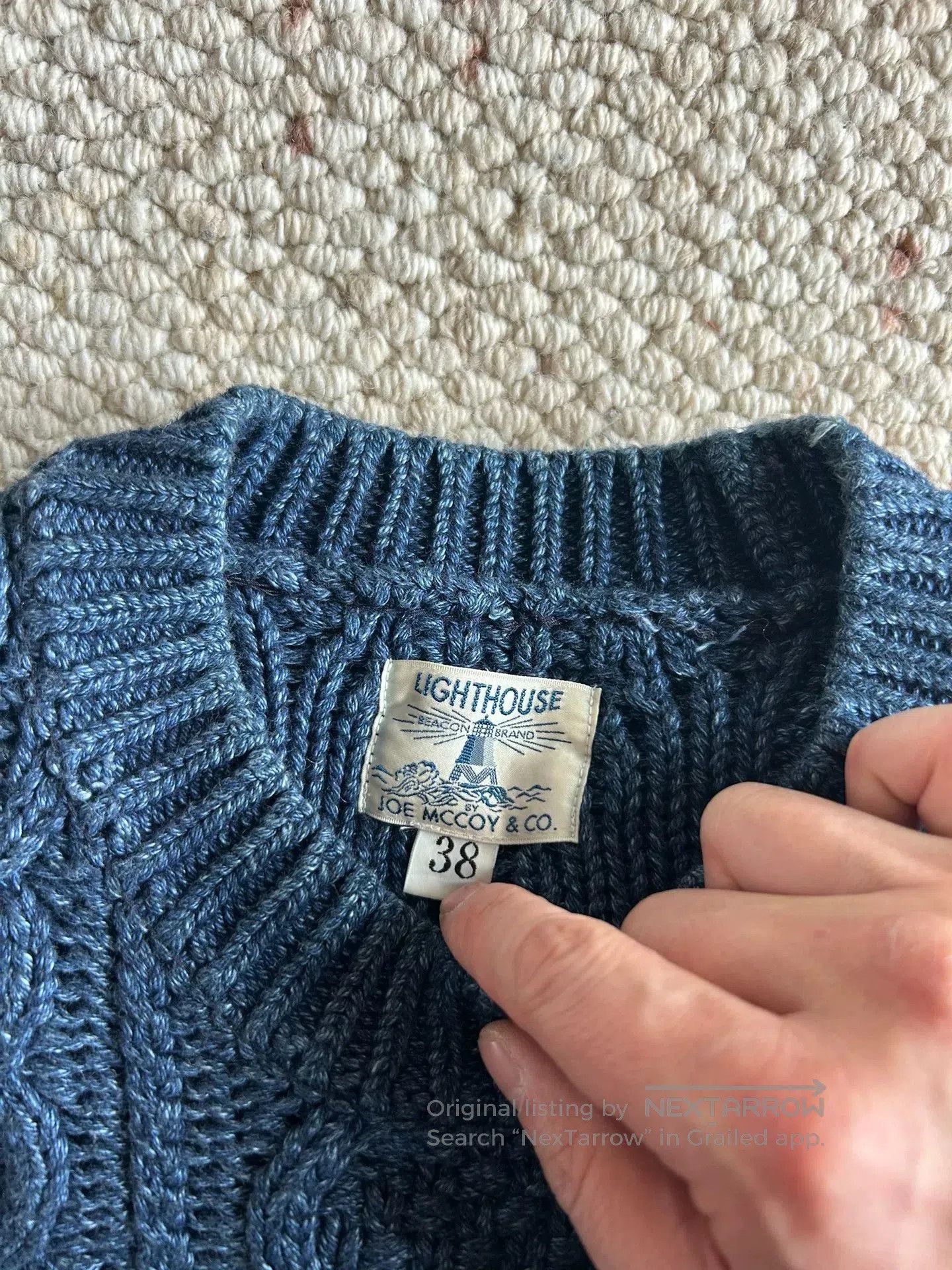 indigo aran crewneck sweater and hat set.