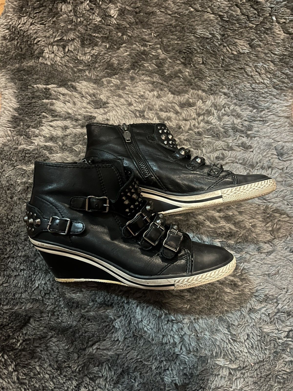 ASH Ash black leather studded wedges Size US 7 / IT 37 - 3 Thumbnail