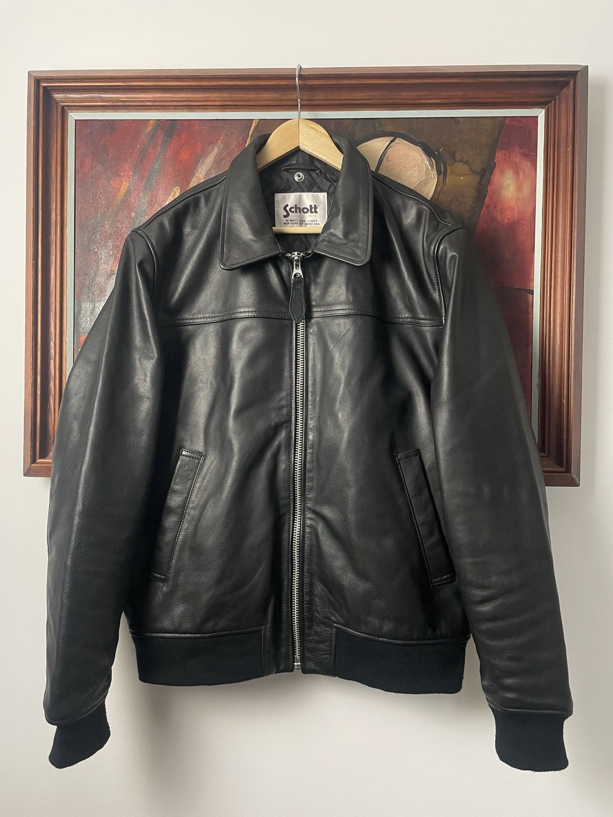 image of Schott High Quality Casual Leather Jacket Usa Rock Roll in Black, Men's (Size XL)