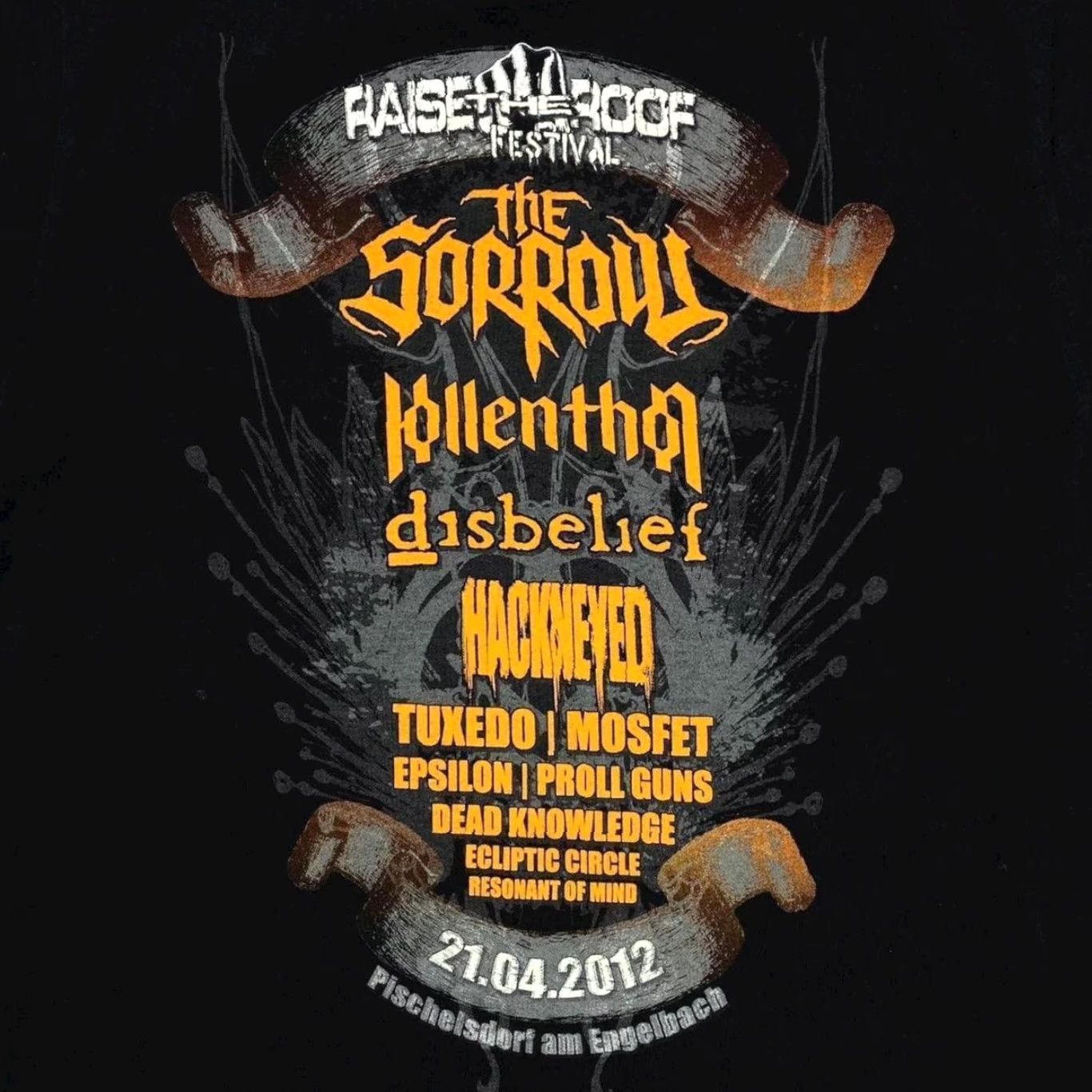 Fruit Of The Loom Raise The Roof Festival (2012) Heavy Metal Band Festival Lineup T-Shirt Medium Black Cotton Fruit of the Loom Mens Graphic Print Front Back 90s? Size US M / EU 48-50 / 2 - 4 Thumbnail