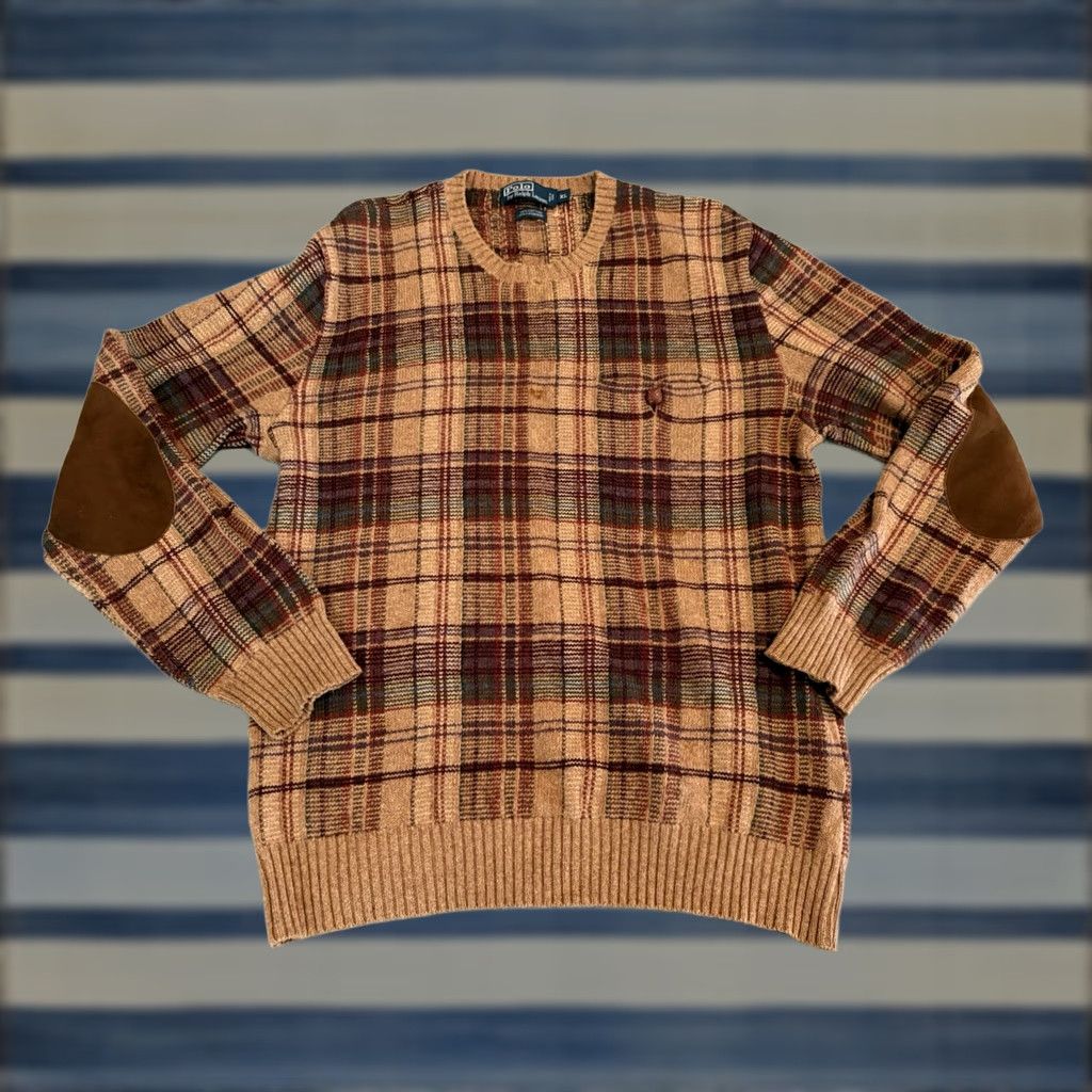 Polo Ralph Lauren Polo Ralph Lauren Sweater Men XL Brown Plaid Cashmere Cotton Crew Neck Long Sleeve Elbow Patches Pullover Knit Size US XL / EU 56 / 4 - 1 Thumbnail