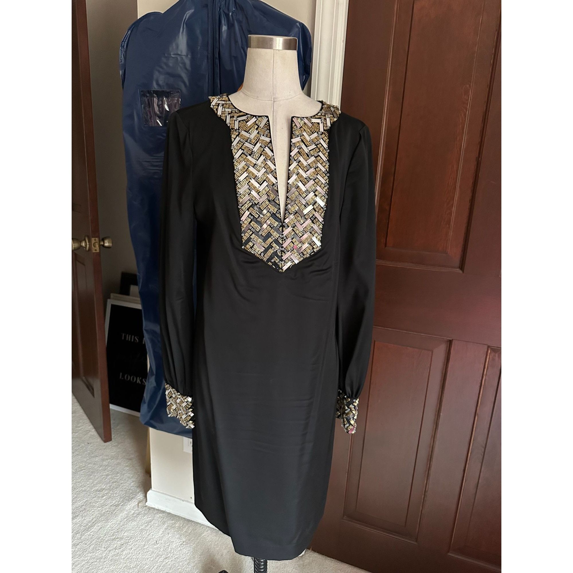 Tory Burch $650 TORY BURCH Barbara Black Beaded Satin Dress ELEGANT Co Size M / US 6-8 / IT 42-44 - 3 Thumbnail