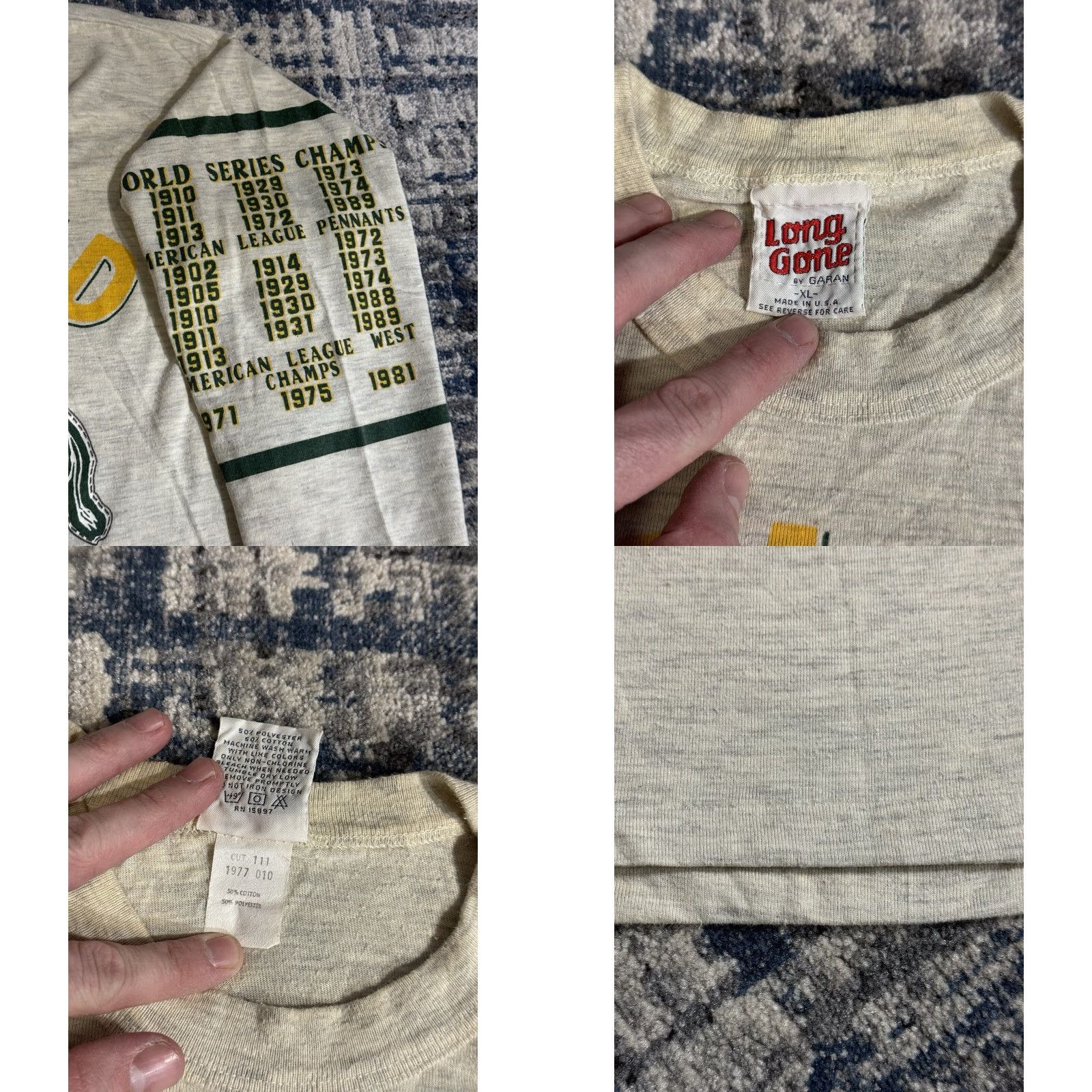 Vintage VINTAGE 1990 Oakland Athletics World Champions Long Gone T Shirt XL Gray Crew Neck 3/4 Sleeve Men 90s Sports Logo Double-Sided Size US XL / EU 56 / 4 - 8 Thumbnail