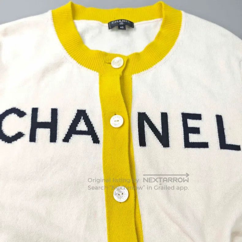 Chanel Chanel Beige yellow edge classic large logo cashmere cardi Size M / US 6-8 / IT 42-44 - 8 Thumbnail