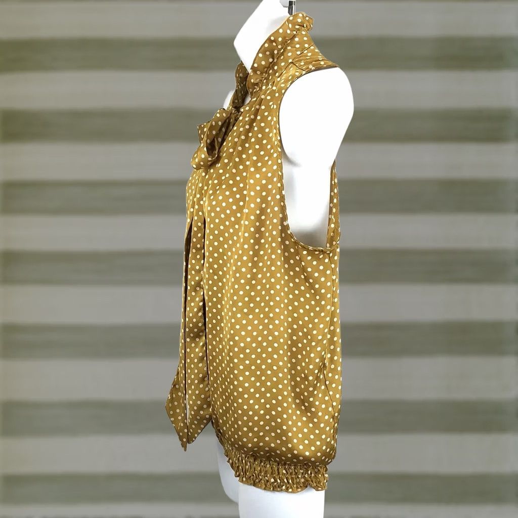 Vintage Jules Leopold Sleeveless Satin Top M Gold Polka Dot Ruffle Mock Neck Bow Smocked Blouse Womens Size M / US 6-8 / IT 42-44 - 1 Thumbnail