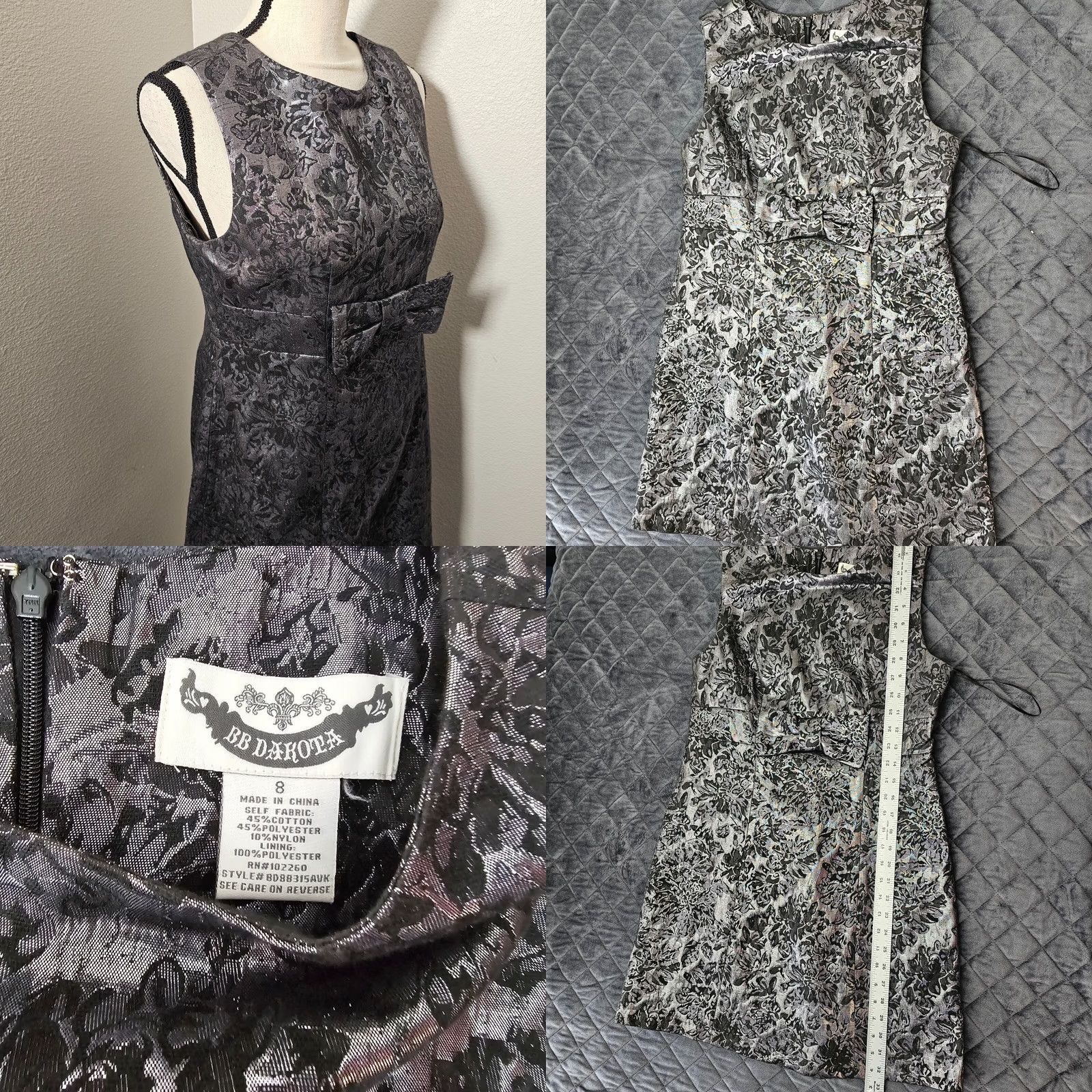 BB Dakota BB Dakota Women’s Sleeveless City Lines Shift Dress Size 8 Metallic Black Floral Lined Midi 100% Polyester Size M / US 6-8 / IT 42-44 - 8 Thumbnail