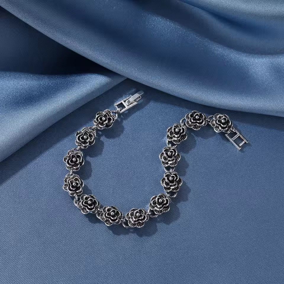 Japanese Brand Gothic Silver Tone Rose Link Bracelet Floral Chain 19 cm Size ONE SIZE - 6 Thumbnail