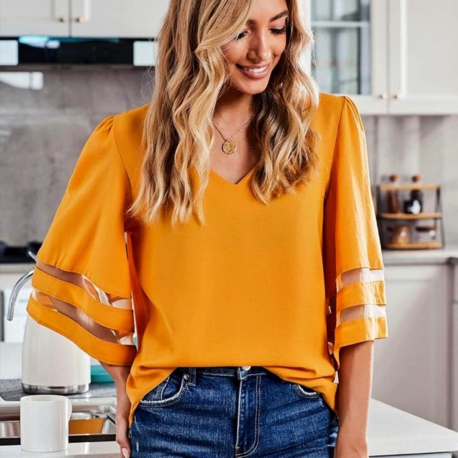 Other Casual V Neck 3/4 Bell Sleeve Mesh Panel Blouse Golden XL Size XL / US 12-14 / IT 48-50 - 4 Thumbnail