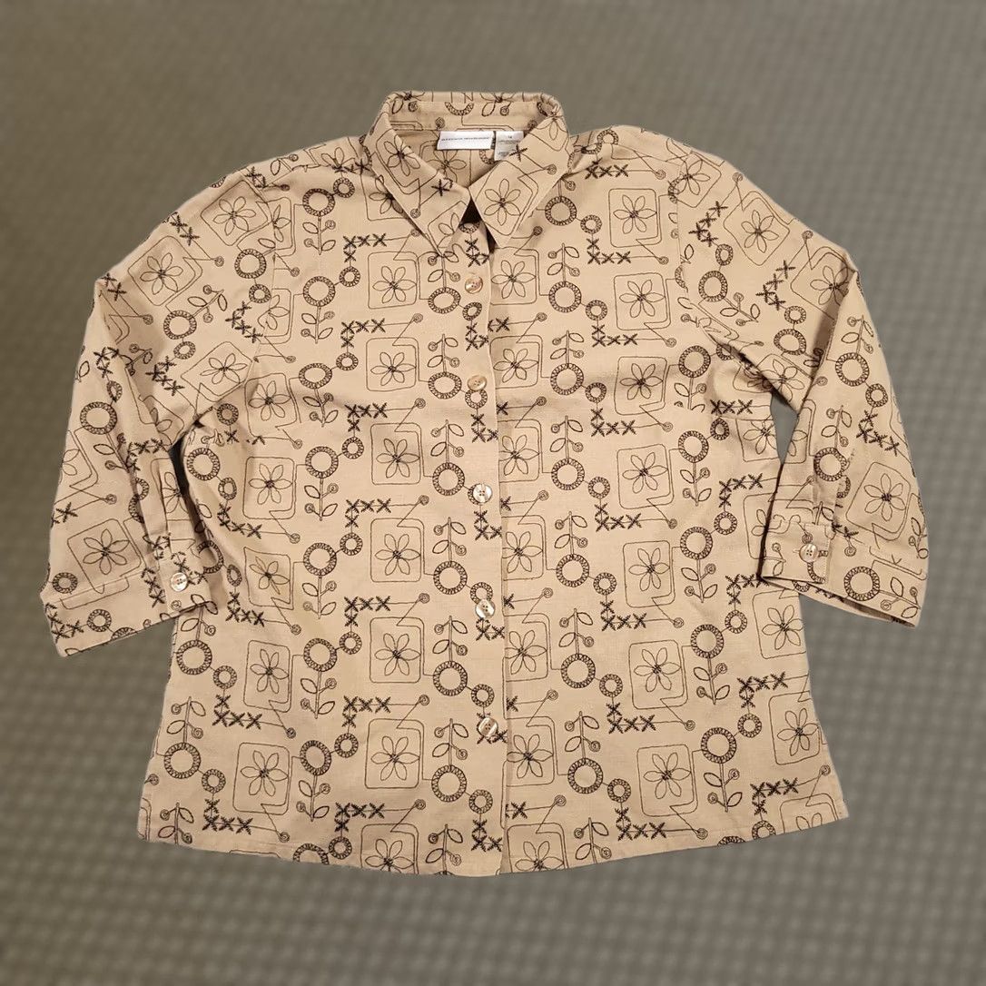 Vintage Alfred Dunner Linen Blend 3/4 Sleeve Embroidered Button Up Shirt Women's 14 Tan Beige Linen Blend Embroidered Button Up Shirt Womens 14 Tan Beige Size XL / US 12-14 / IT 48-50 - 1 Thumbnail