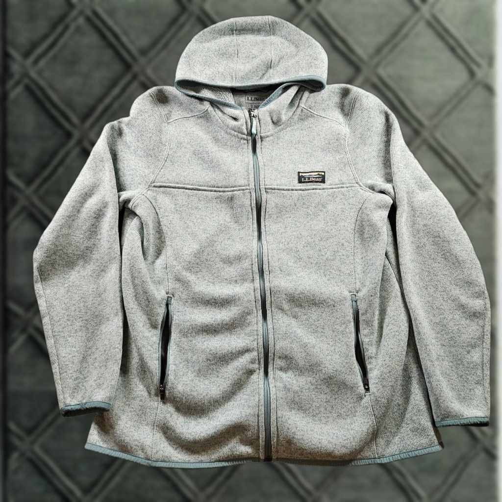 LL Bean Jacket Womens Large Gray Hooded Full Zip Fleece Pockets Zip Mid-Length Casual Travel