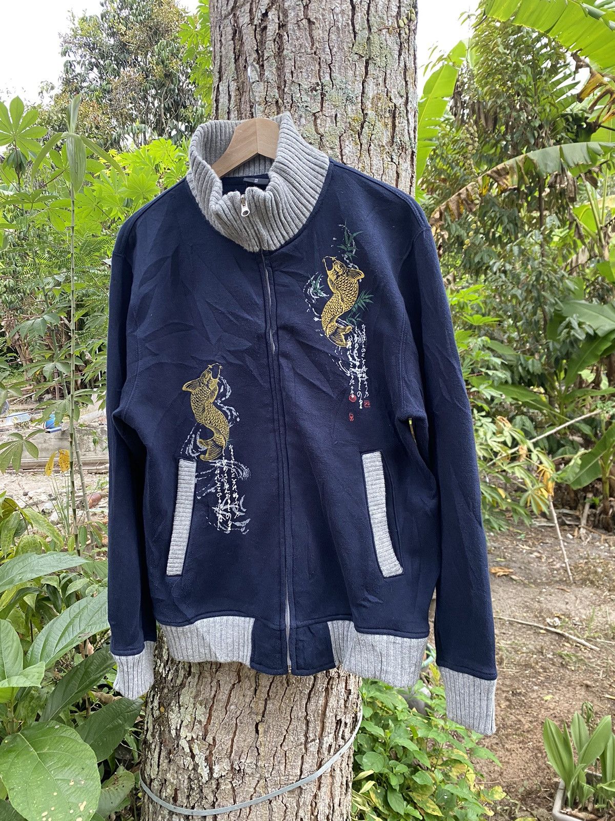 image of Sukajan Souvenir Jacket N.w Wave Club Sukajan Koi Fish Zipper Up Jacket in Navy Blue (Size Medium)