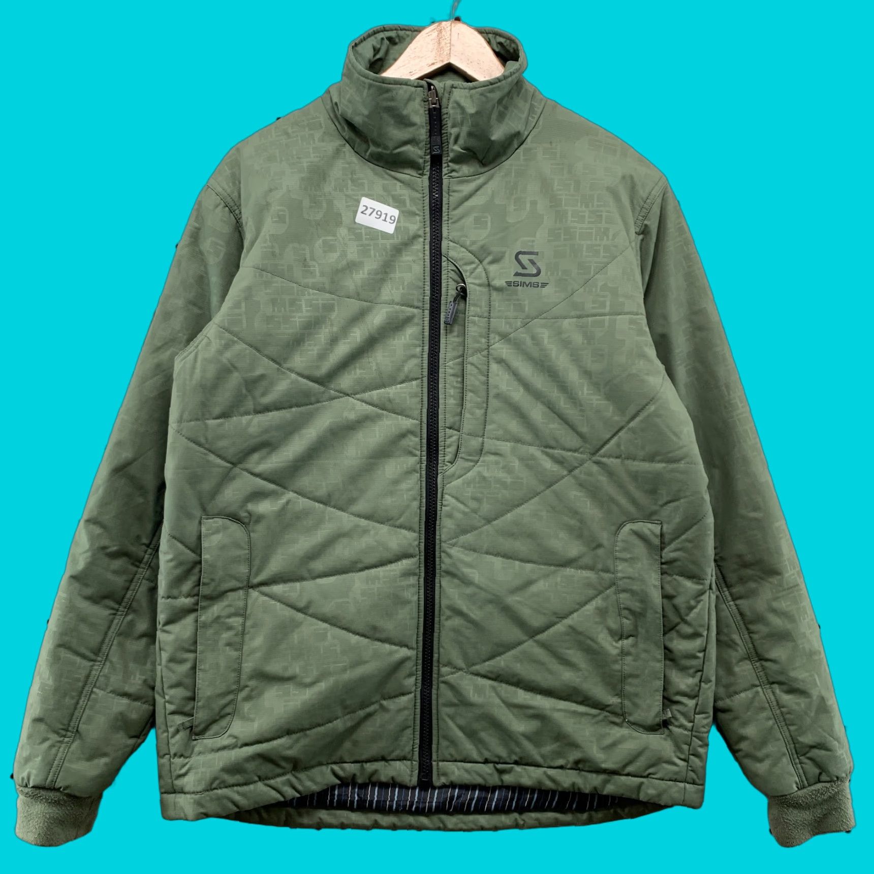 VINTAGE Sims Jacket Green Full Zip Bomber Nylon Men's Medium 90s Spell Out AOP