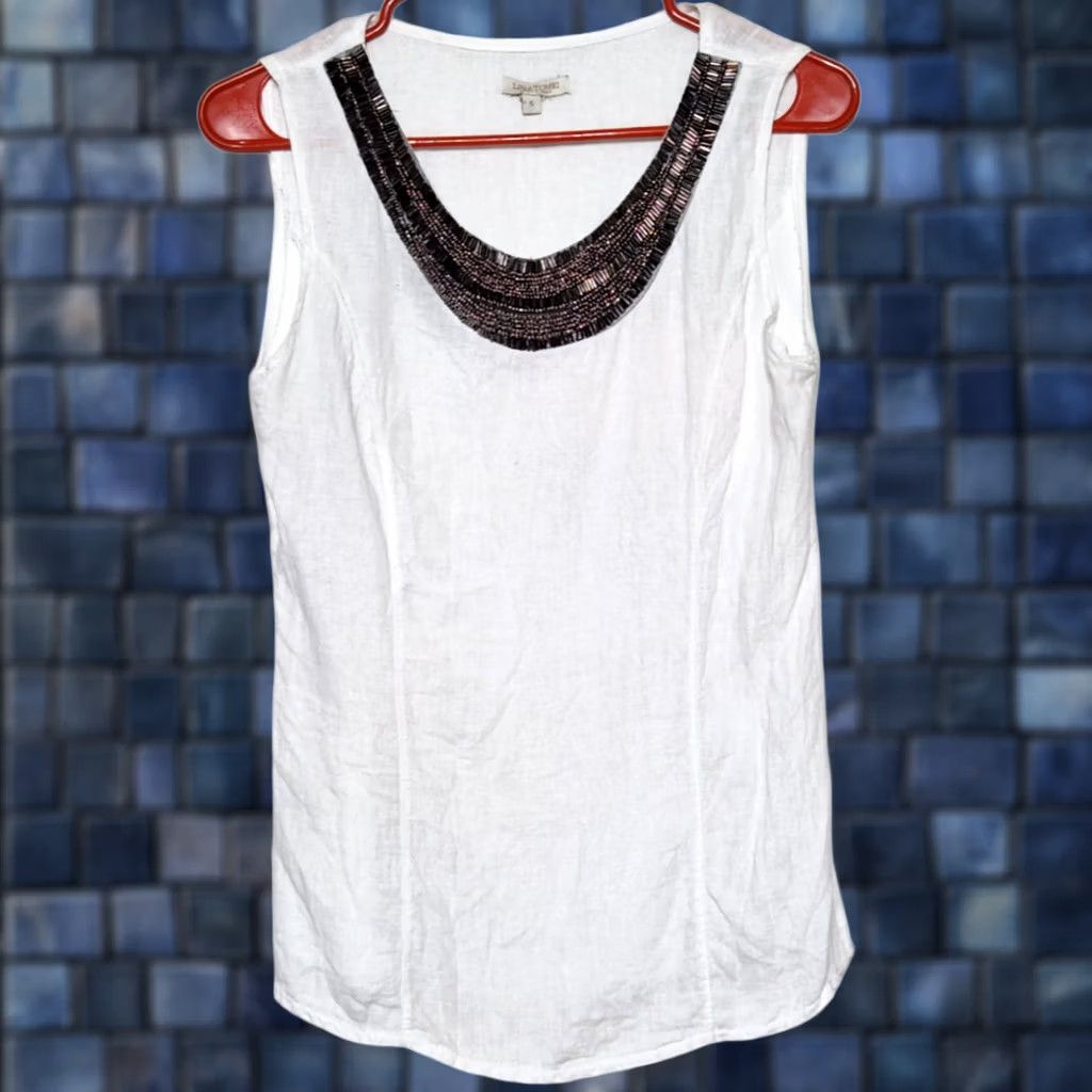 Vintage Lina Tomei Womens Blouse Tank Top Linen Beaded Sleeveless White S Size S / US 4 / IT 40 - 1 Thumbnail