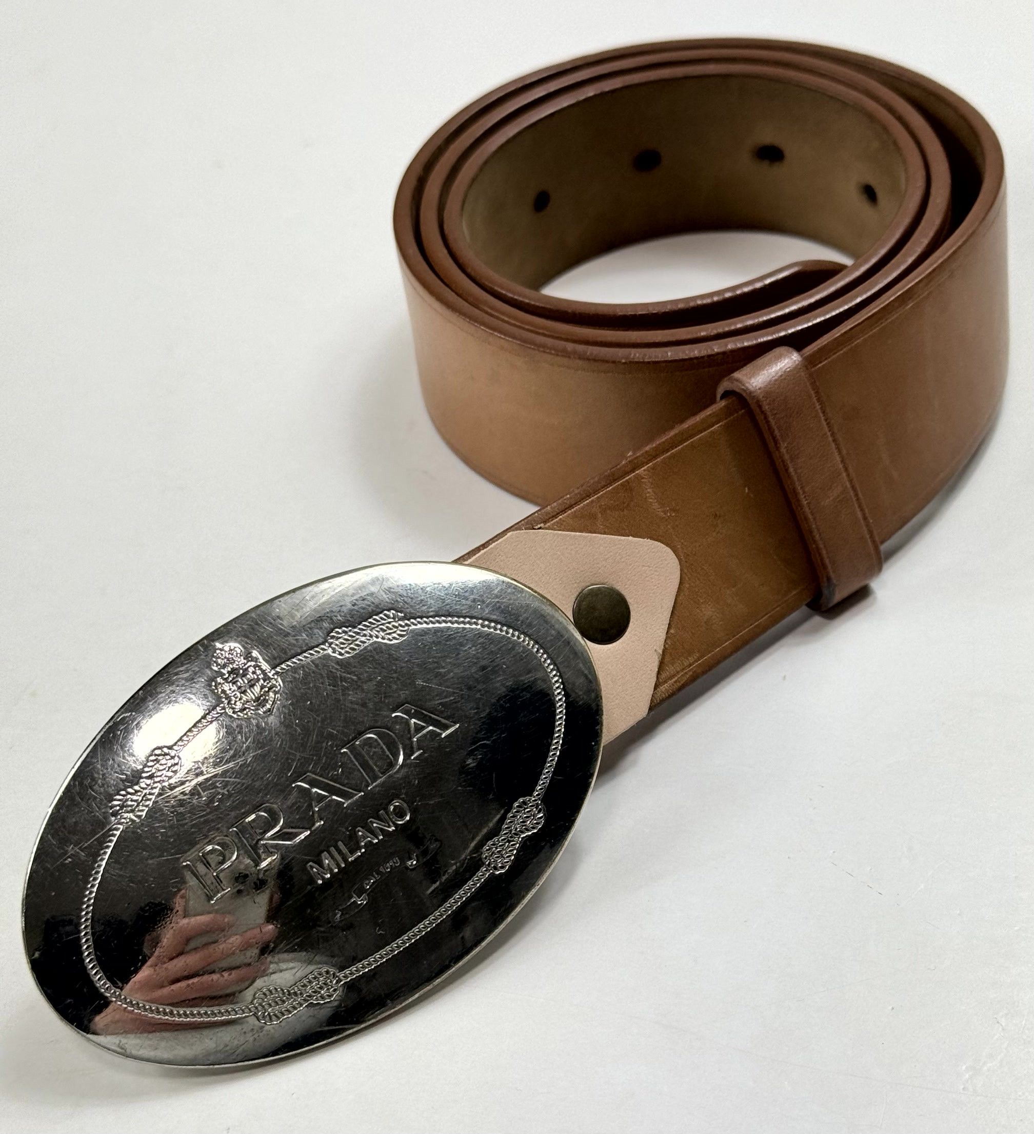 Prada vintage 80s Brown metallic leather belt~LG Chrome monogram buckle~openedge Prada Vintage Belt - Etsy main image 4