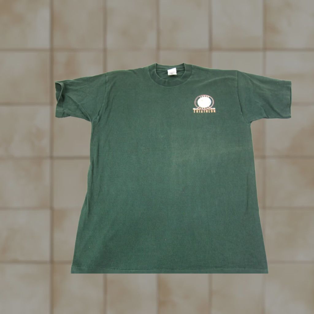 Fruit Of The Loom VINTAGE Iowas Pigman Green Triathlon Shirt Mens Extra Large XL 1996 90s Single Stitch Size US XL / EU 56 / 4 - 1 Thumbnail