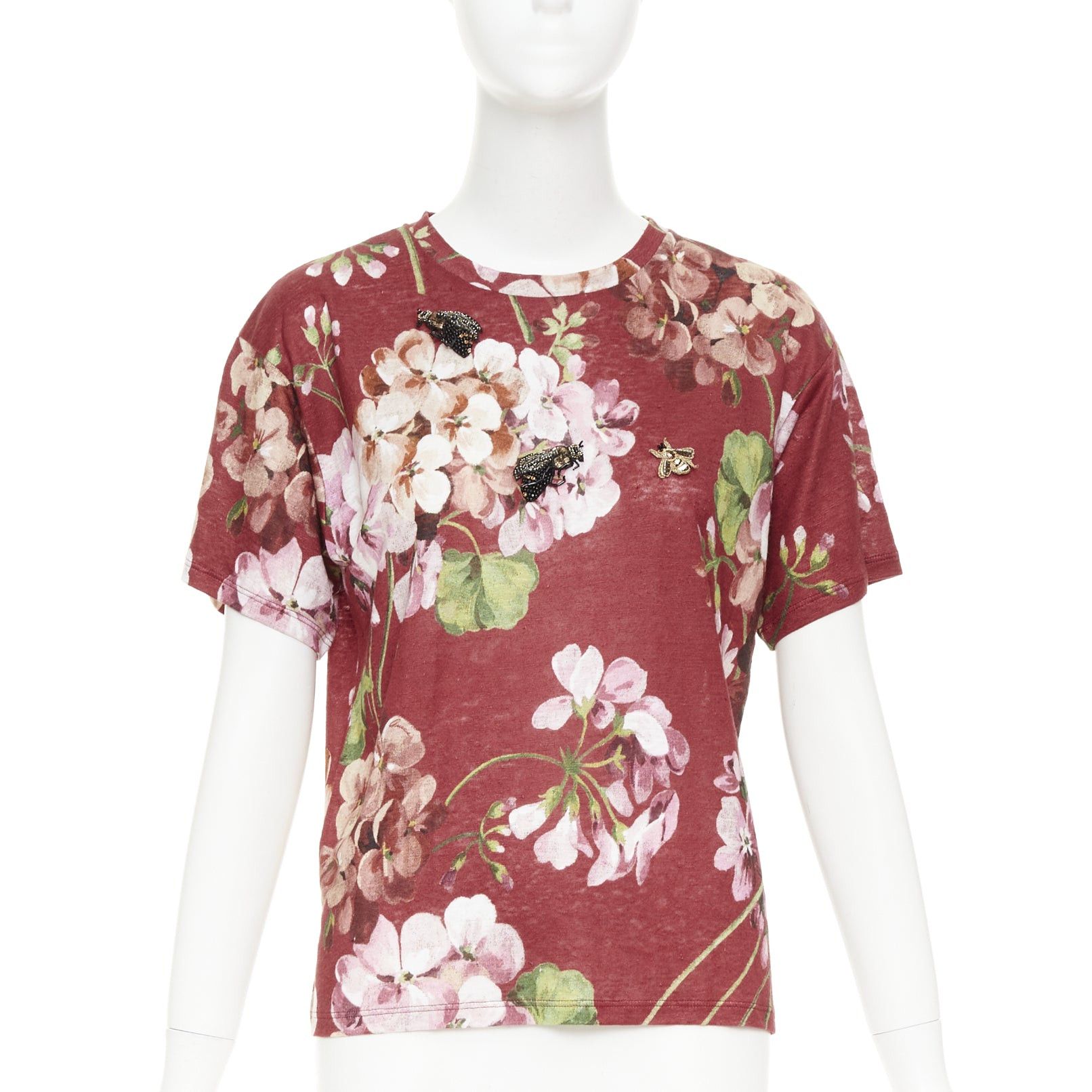 Gucci GUCCi Blooms burgundy pink floral print cotton Embellished insect t-shirt M Size M / US 6-8 / IT 42-44 - 1 Thumbnail