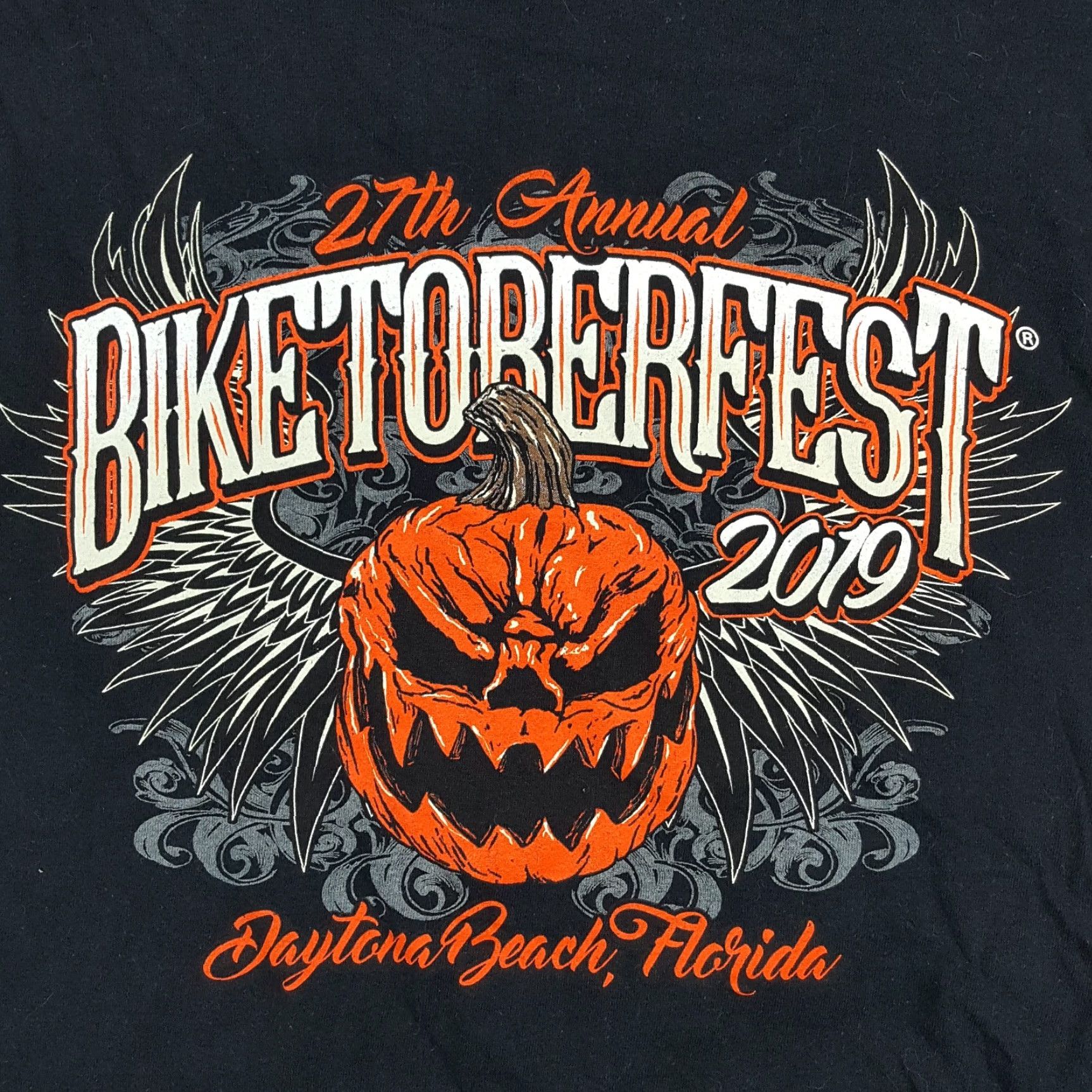 Gildan Octoberfest Daytona Beach Pumpkin Skull Angel Wings Size L Biker Black T Shirt Size US L / EU 52-54 / 3 - 3 Thumbnail