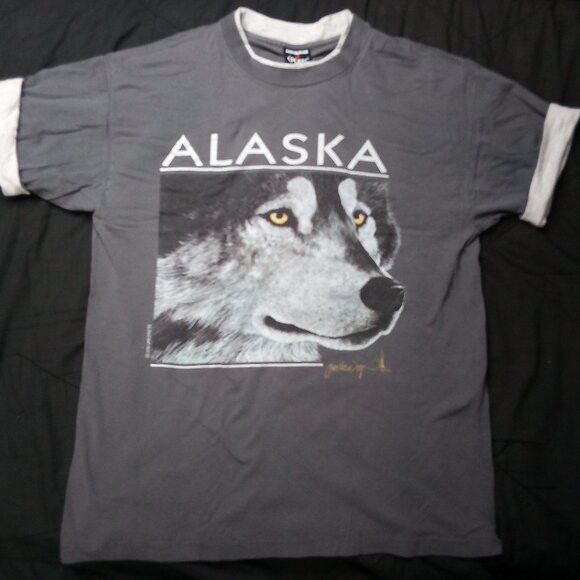 Signal Sport × Vintage Vintage 90s Alaska Wolf Double Sleeve T-Shirt Size US L / EU 52-54 / 3 - 2 Thumbnail