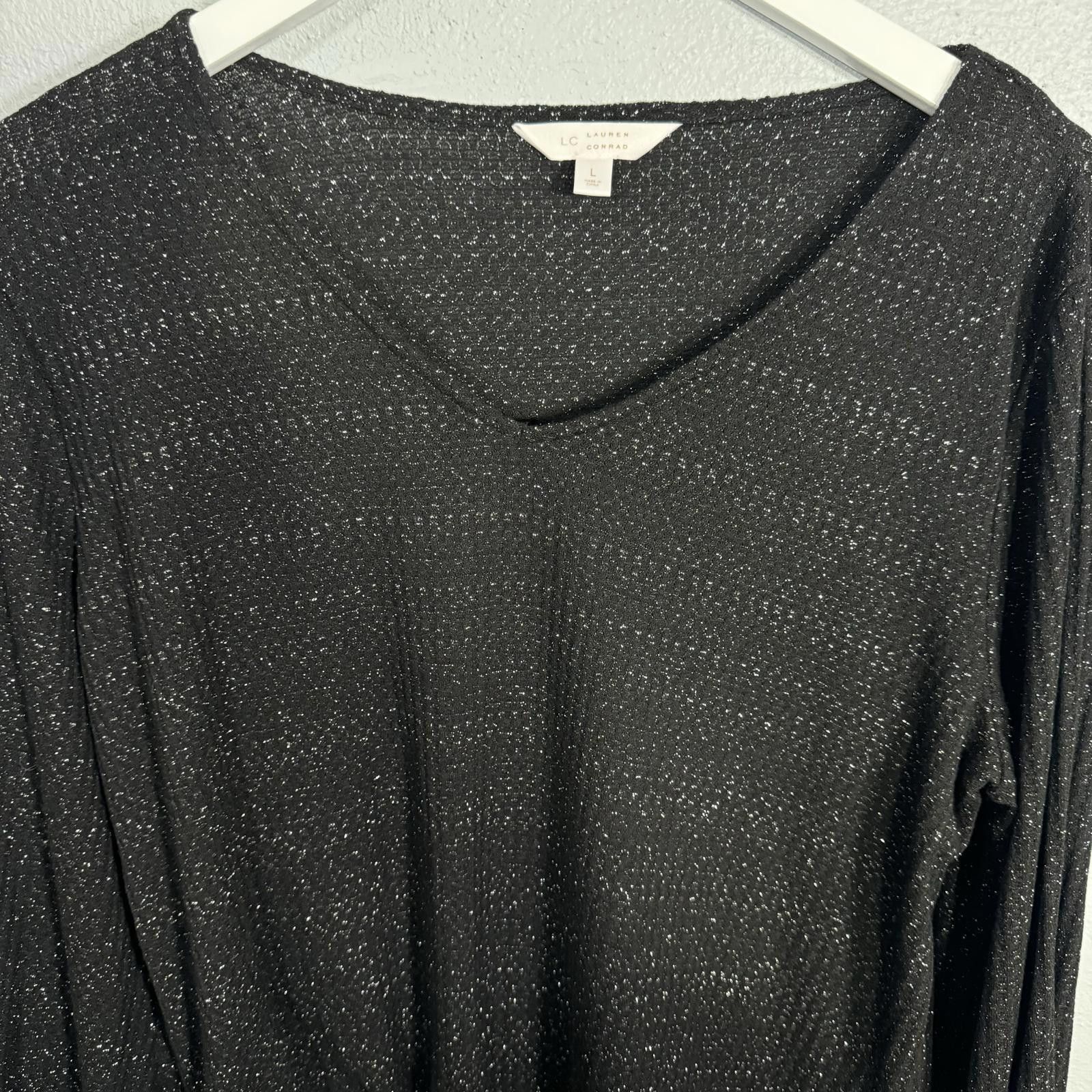 Designer LC Lauren Conrad Large Knit Puff Sleeve Black Silver Shimm Size L / US 10 / IT 46 - 8 Thumbnail