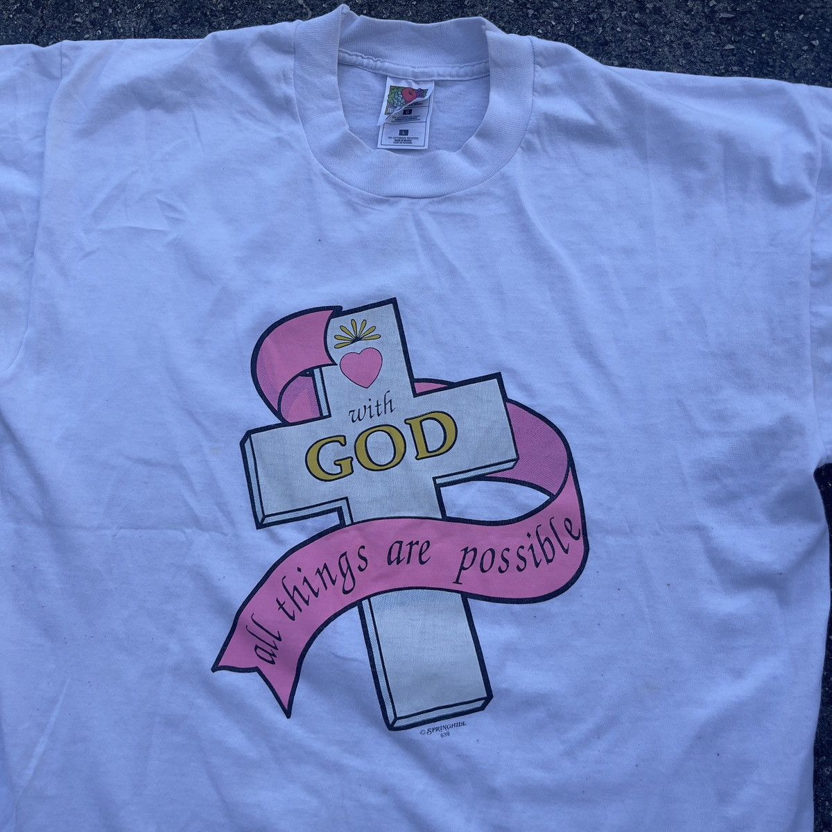 Fruit Of The Loom × Vintage Vtg 90s WITH GOD ALL THINGS ARE POSSIBLE Single Stitch Shirt Size US L / EU 52-54 / 3 - 2 Thumbnail