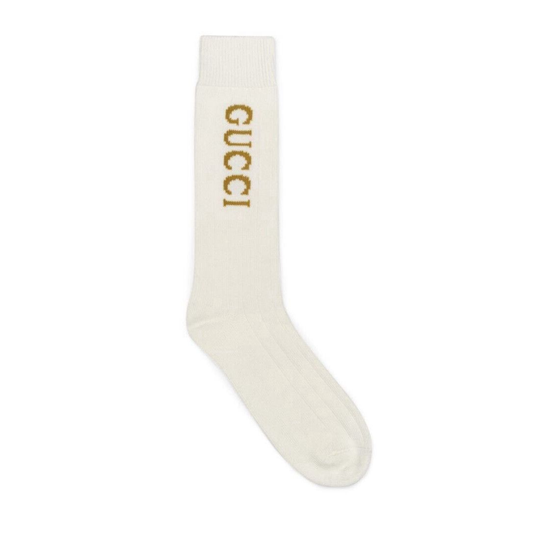 Gucci NEW Gucci Logo Socks Unisex White Wool 100% Authentic Gold S Size ONE SIZE - 2 Thumbnail