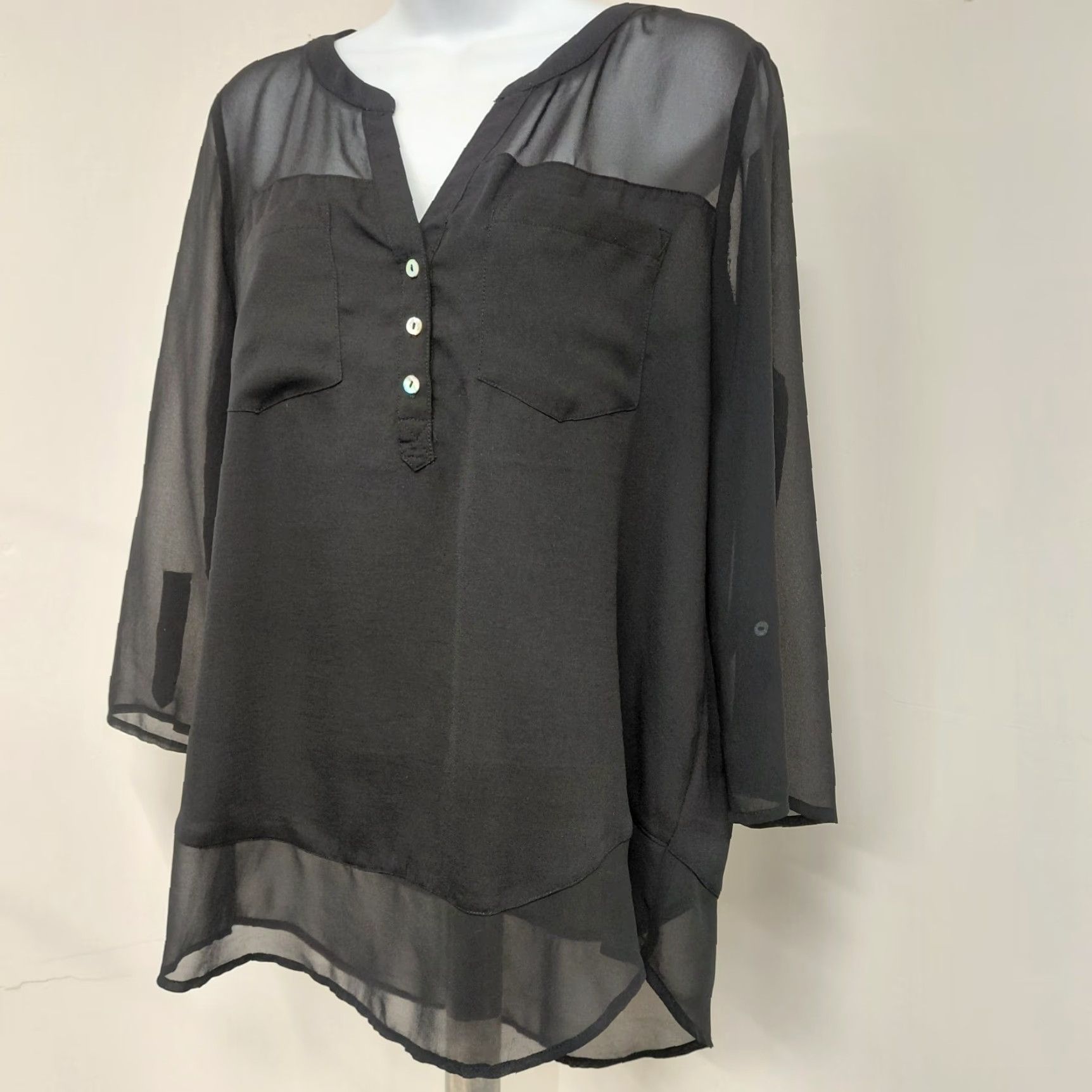 Express Express Blouse Top Womens Medium Black Sheer Chiffon Front Pockets 100 Poly Blouse Size M / US 6-8 / IT 42-44 - 3 Thumbnail