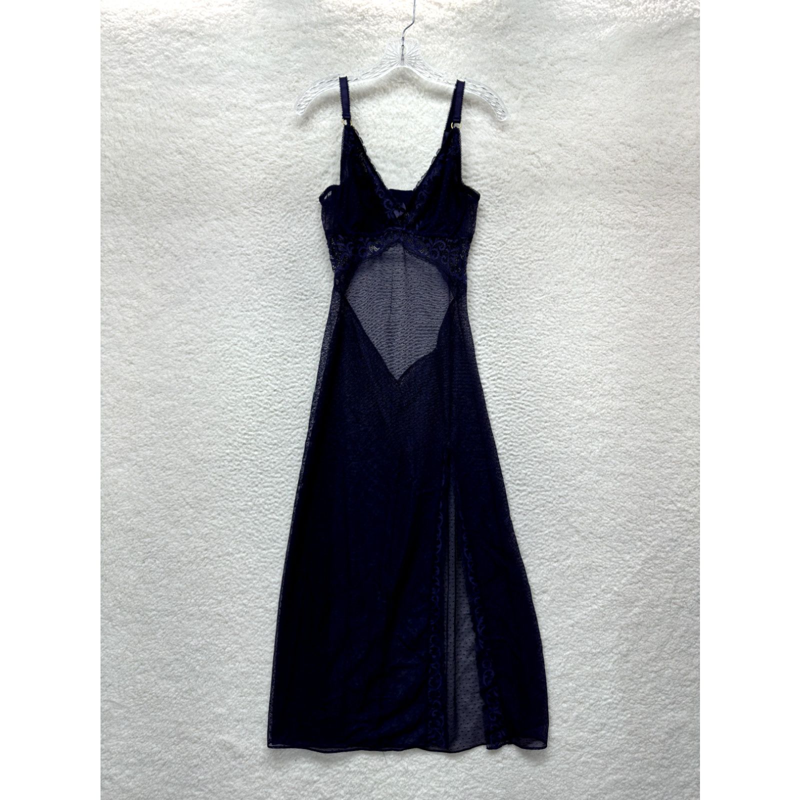 image of Vintage Blush Chemise Maxi Slip Dress Lingerie L Large Purple Sheer Mesh Lace Thigh Slit in White, 