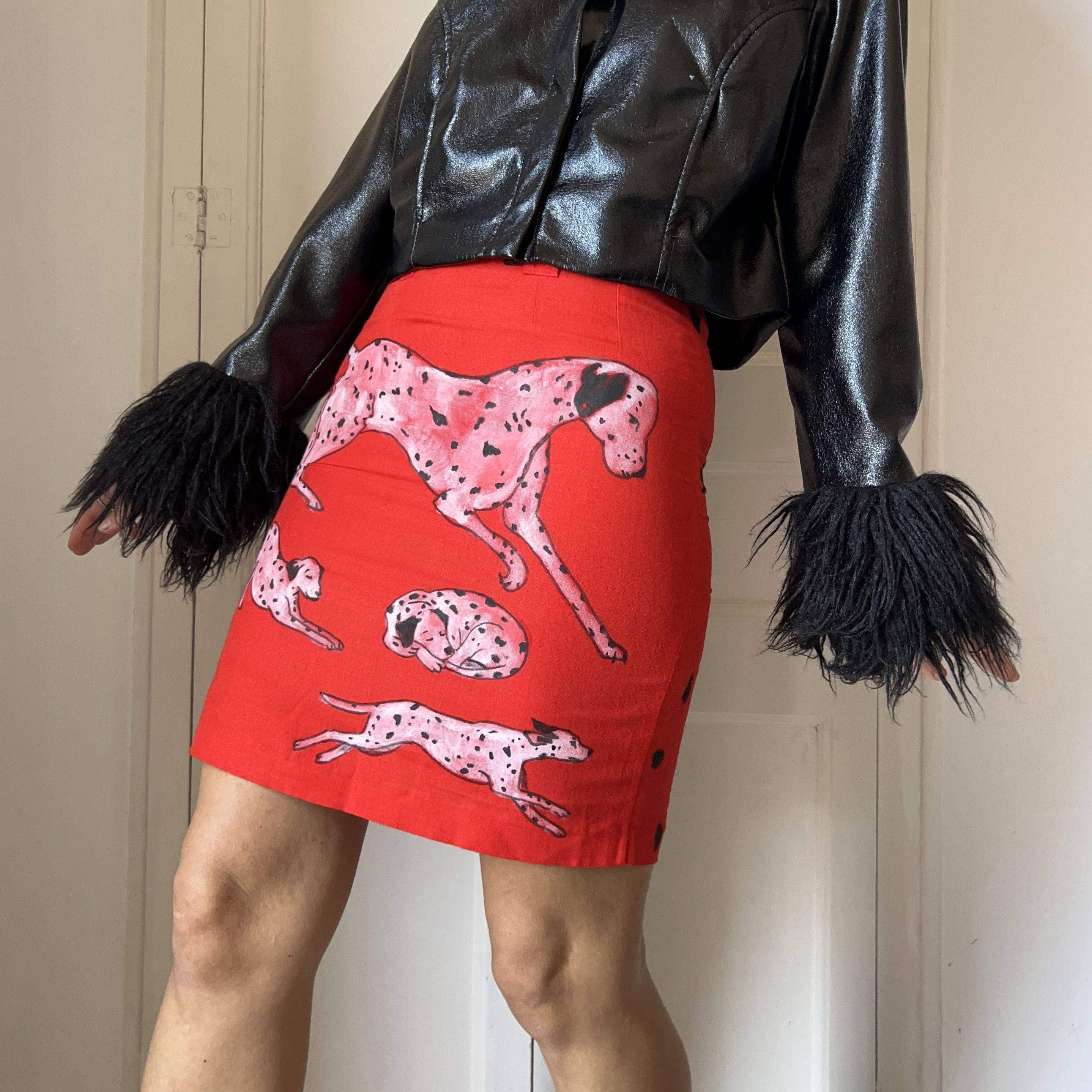 Custommade Painted Dalmatian Dog Red Linen Cotton Mini Skirt Size 27" / US 4 / IT 40 - 1 Thumbnail